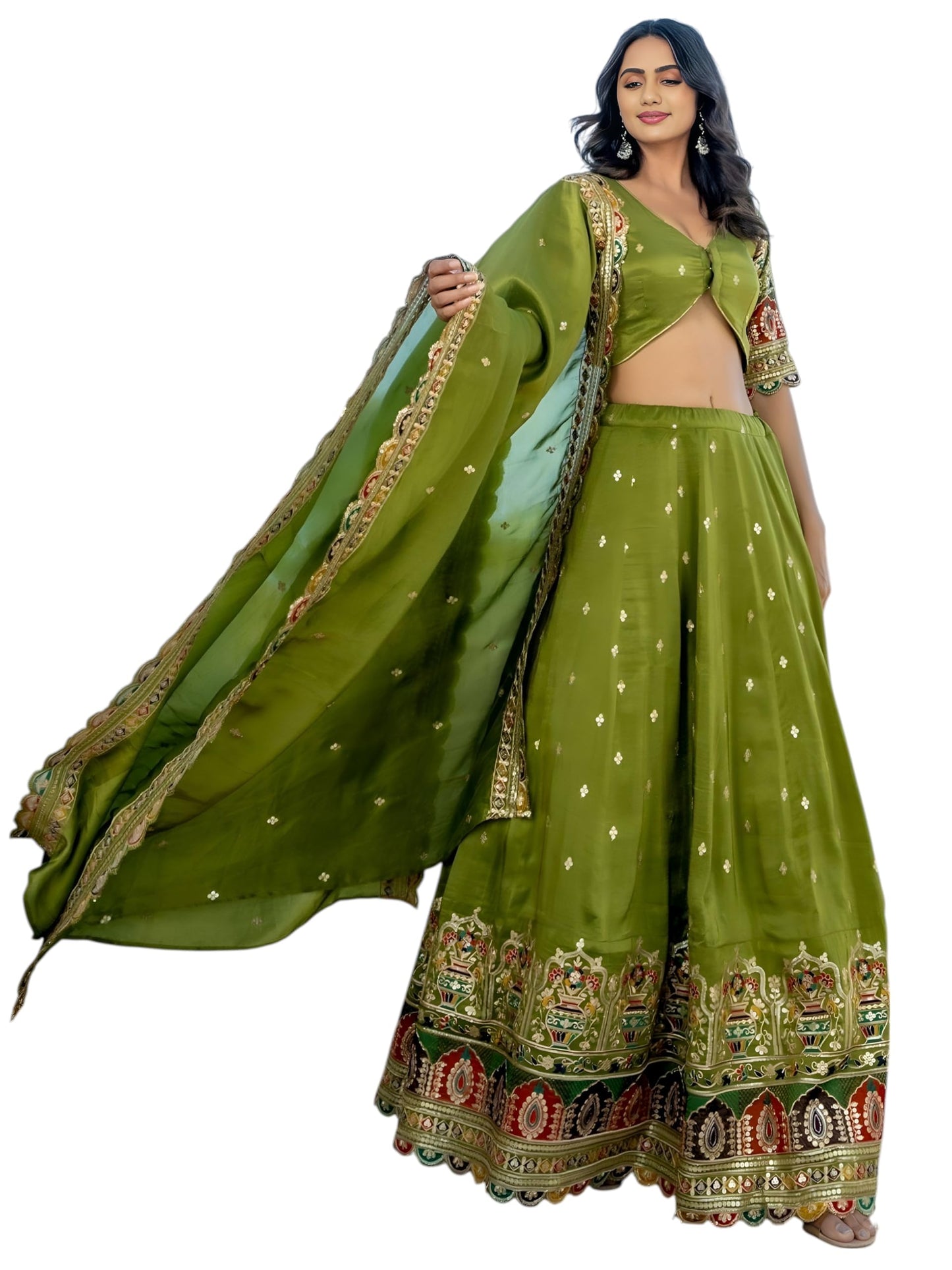 Zeel Clothing Women's Sequins Thread Embroidered Cosmos Silk Lehenga Choli With Dupatta (5128-Women-Lehenga-Choli-Latest; Free size) (Green)