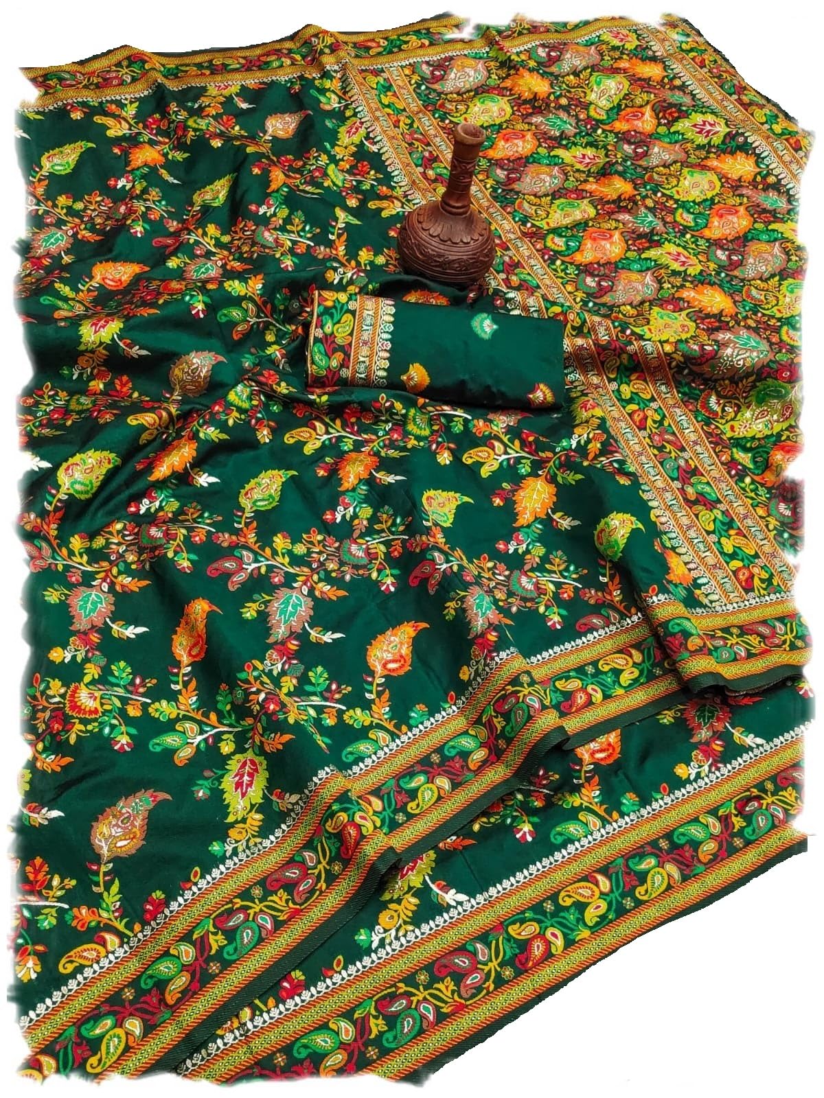 Pandadi Saree Woman's Green Pashmina Kashmiri Silk Saree with Unstitched Blouse Piece.
