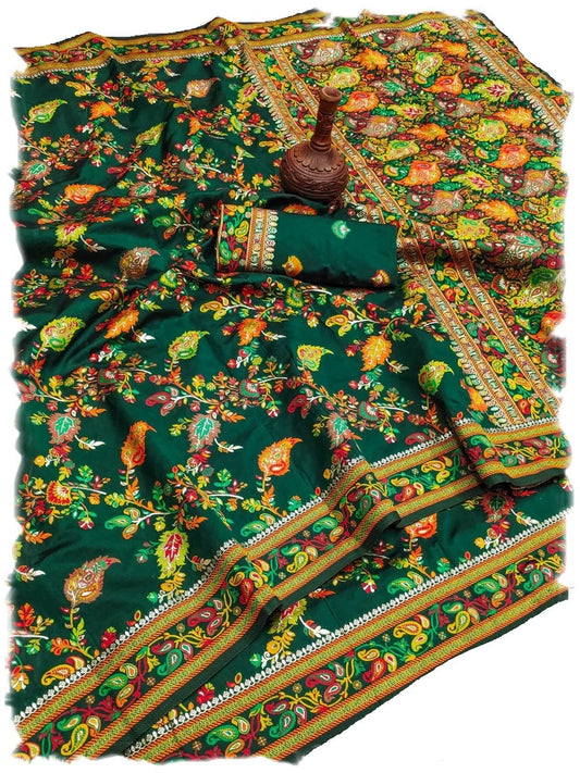Pandadi Saree Woman's Green Pashmina Kashmiri Silk Saree with Unstitched Blouse Piece.