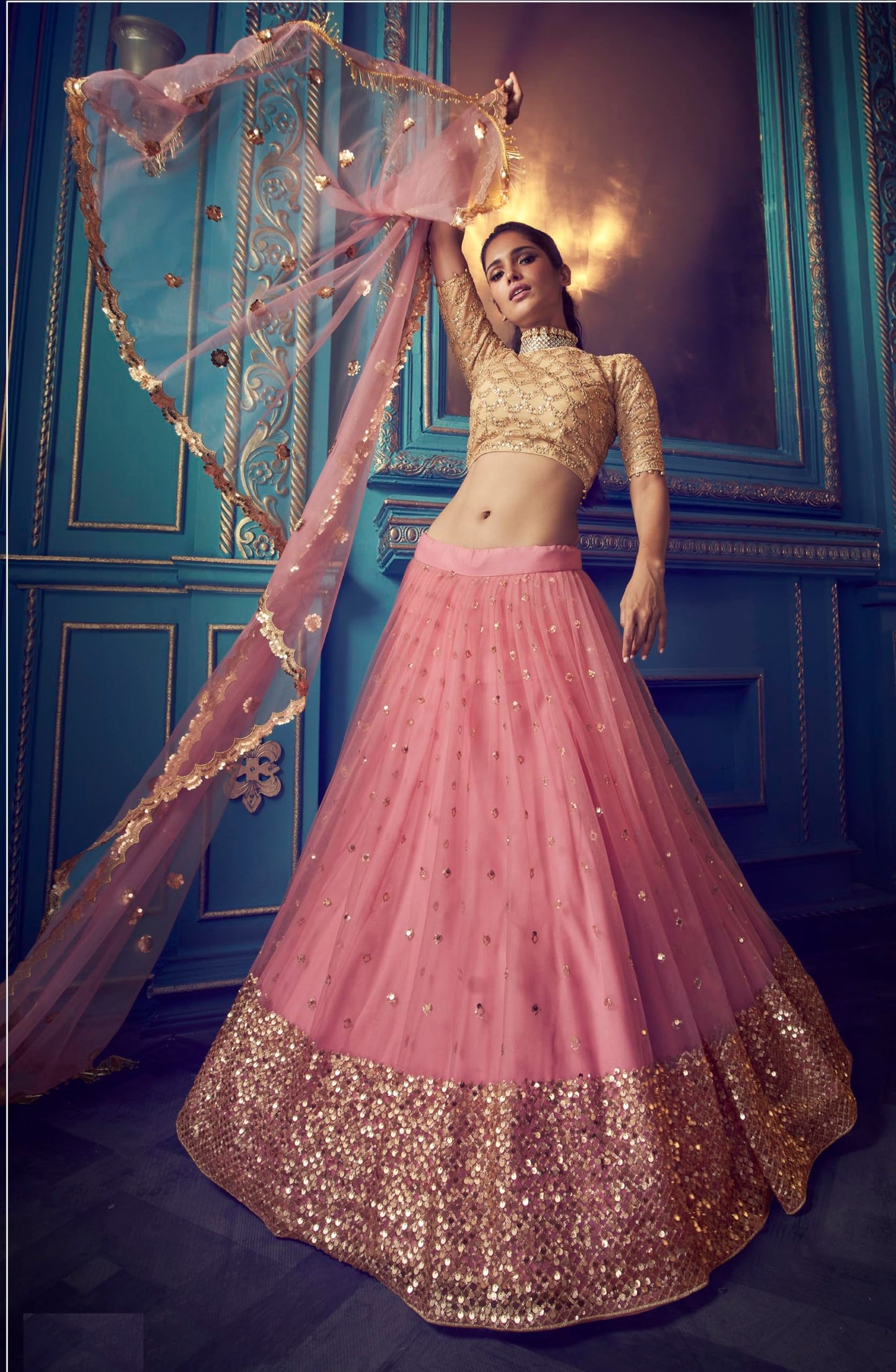 Divine Exim Women's Net Semi Stitched Lehenga Choli with Dupatta | Dori and Sequin Embroidery Pattern | Traditional, Wedding, Ethnic Wear Lehenga (Pink)