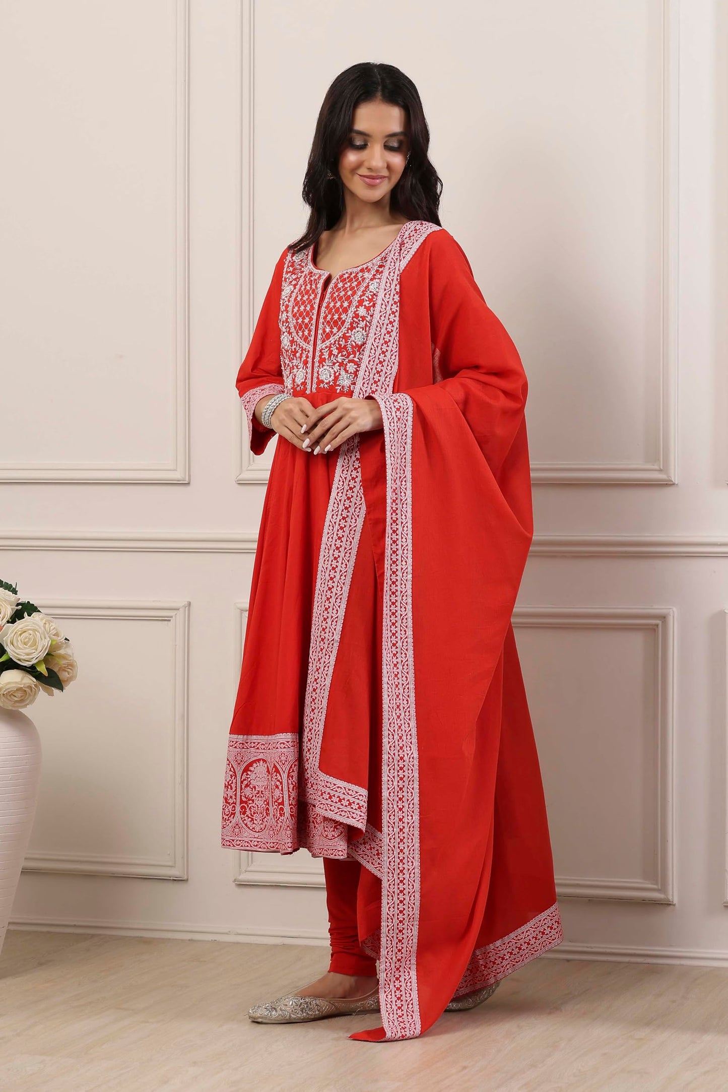 Biba Women Red Cotton Kalidar Suit Set_32