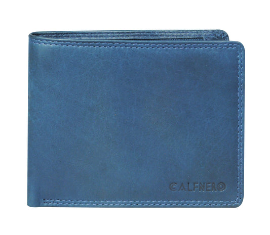 Calfnero Men's Genuine Leather Bifold Wallet-Multiple Card Slots ID Window with Coin Pocket-Navy Leather Wallet