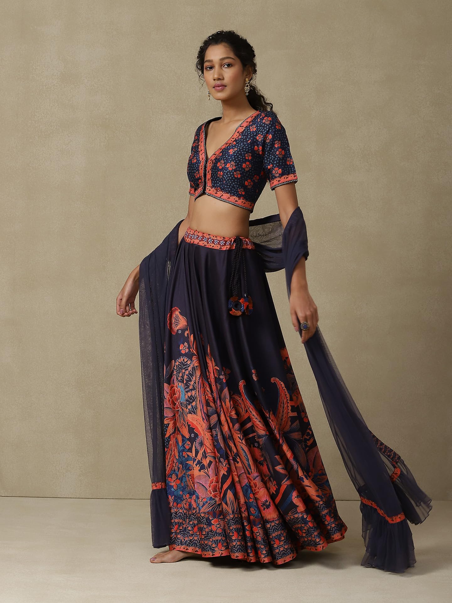 Aarke Ritu Kumar Navy FLoral Printed Lehenga With Blouse And Dupatta