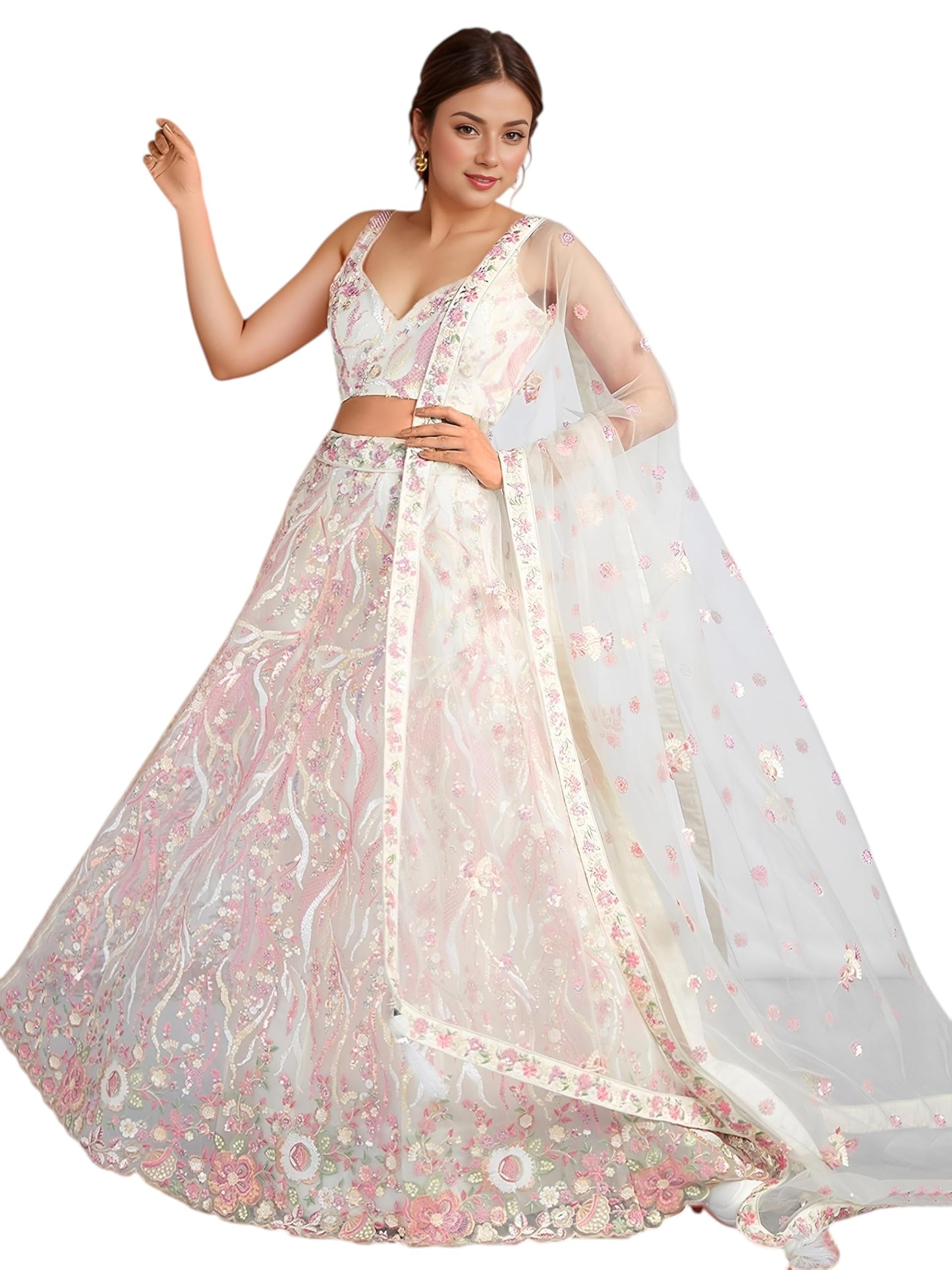Zeel Clothing Women's Sequins Embroidered Work Soft Net Designer Lehenga Choli With Dupatta (6033-White-Wedding-Stylish-Lehenga-Choli-Latest; Free Size)