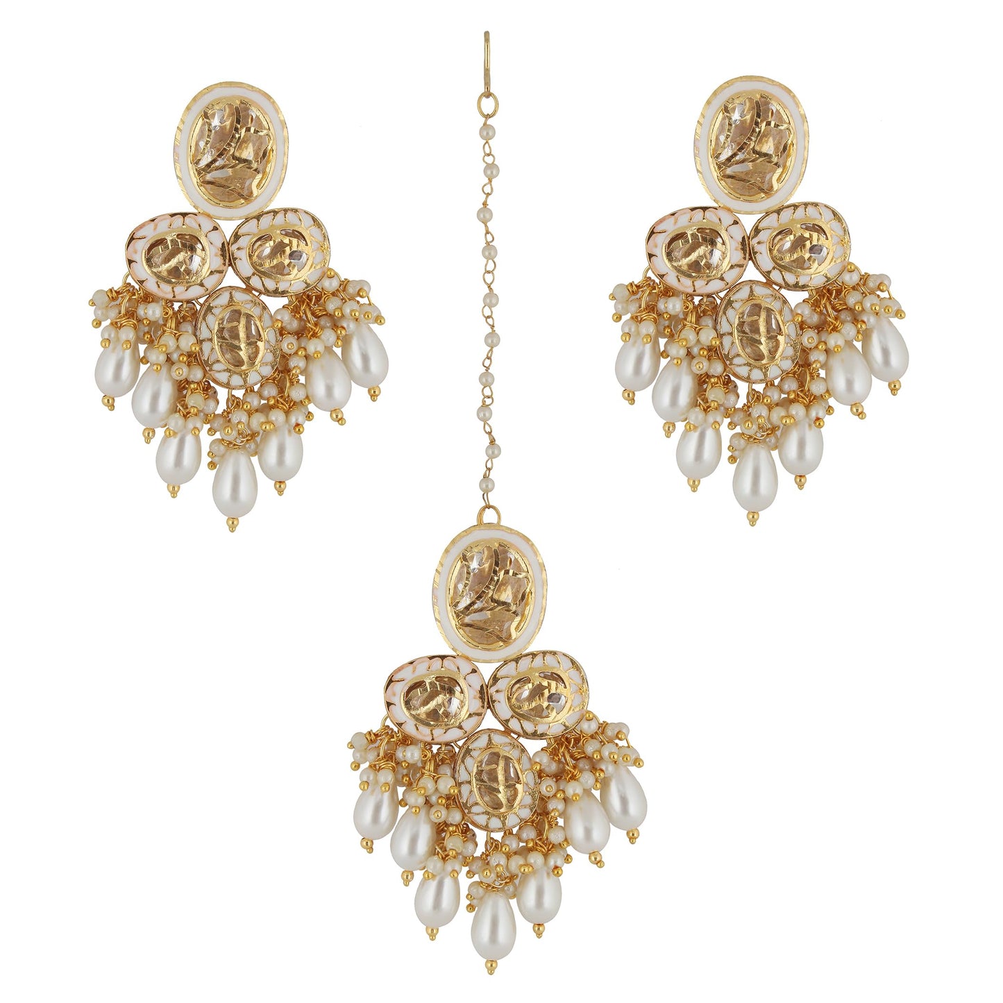 Lucky Jewellery Back Meenakari 18k Gold Plated White Color Set with Earring and Mang Tika Combo Uncut Big Faux Kundan Choker Necklace set (2415-J5SK-1815-W)