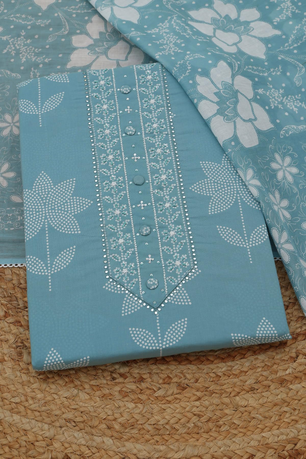 Soch Womens Blue Cotton Floral Dress Material With Beads