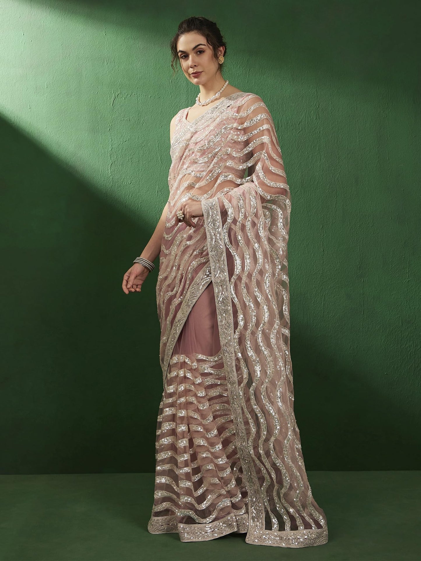 AKHILAM Women's Net Embellished Saree With Unstitched Blouse Piece(Pink_VEDNSHI2294A_VD)