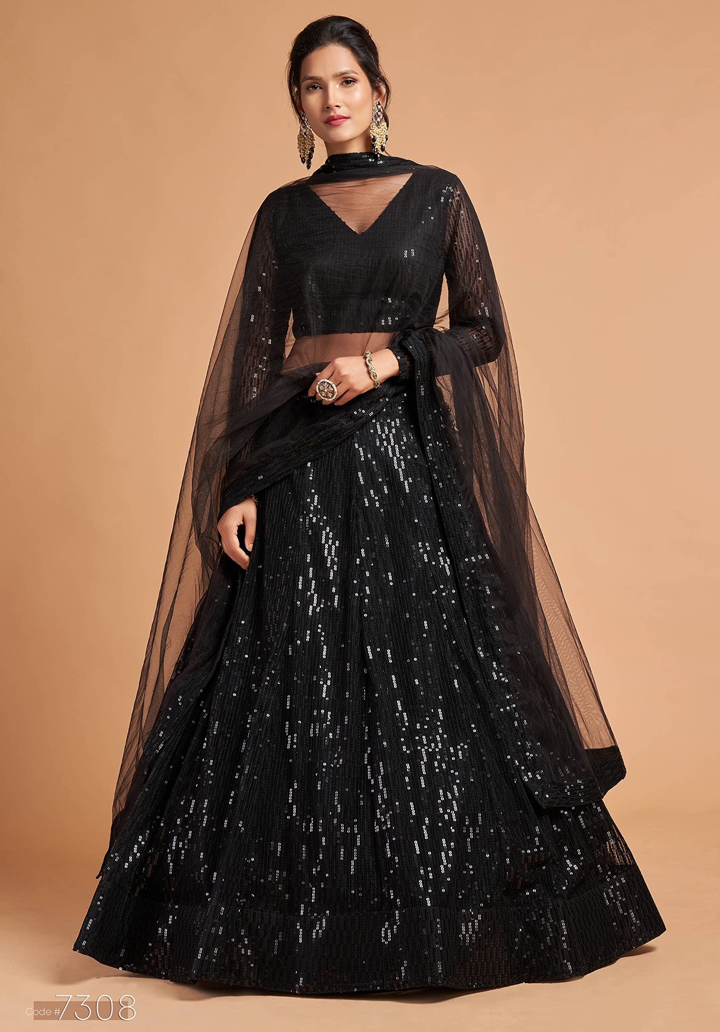 Zeel Clothing Women's Black Net Embroidered Semi-Stitched New Lehenga Choli with Dupatta (7308Black-Wedding-Girlish-Latest-Lehenga; Free Size)