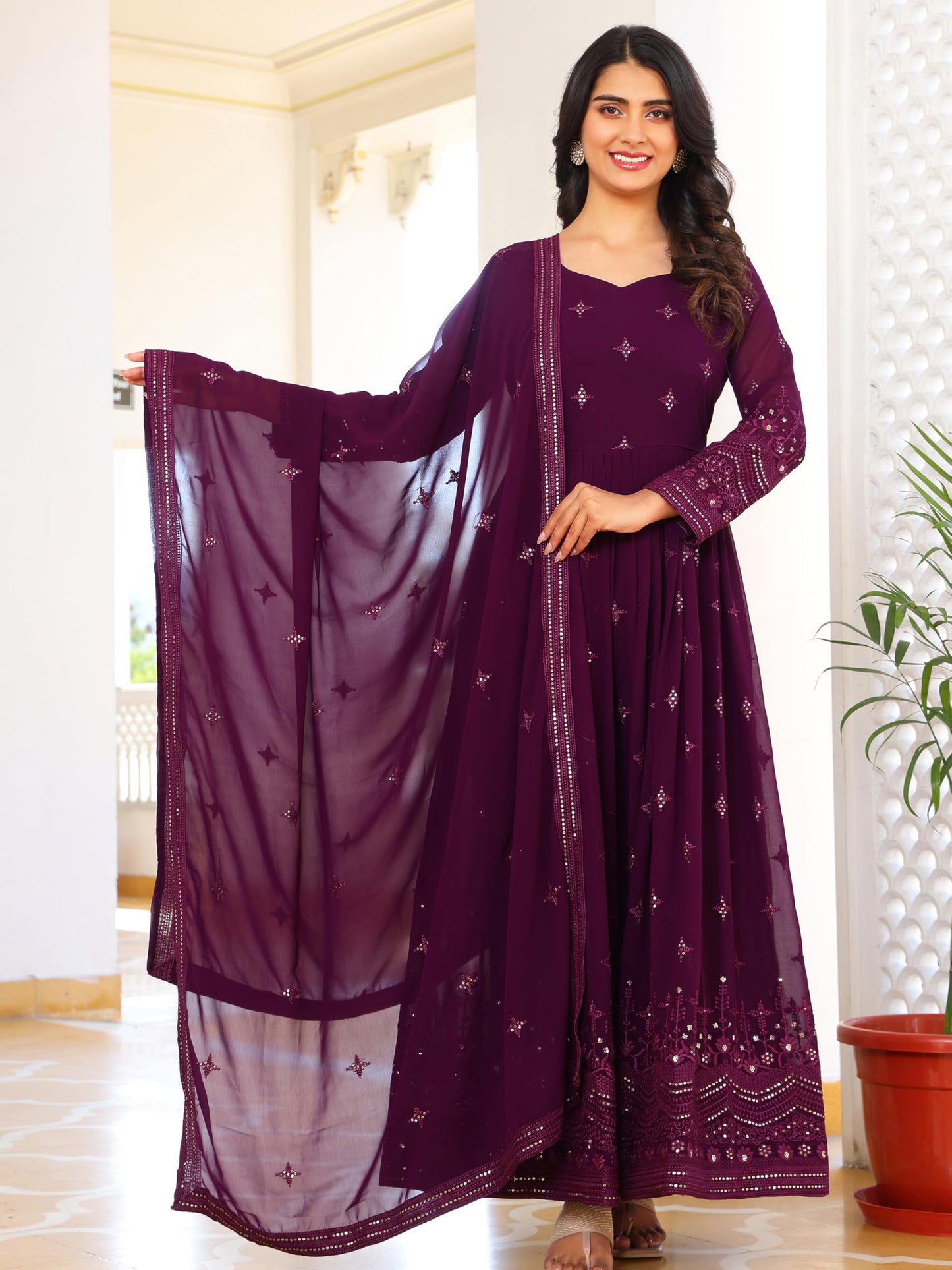 Fashion Basket Women's Georgette Anarkali Lond Dress with Duptta Purple