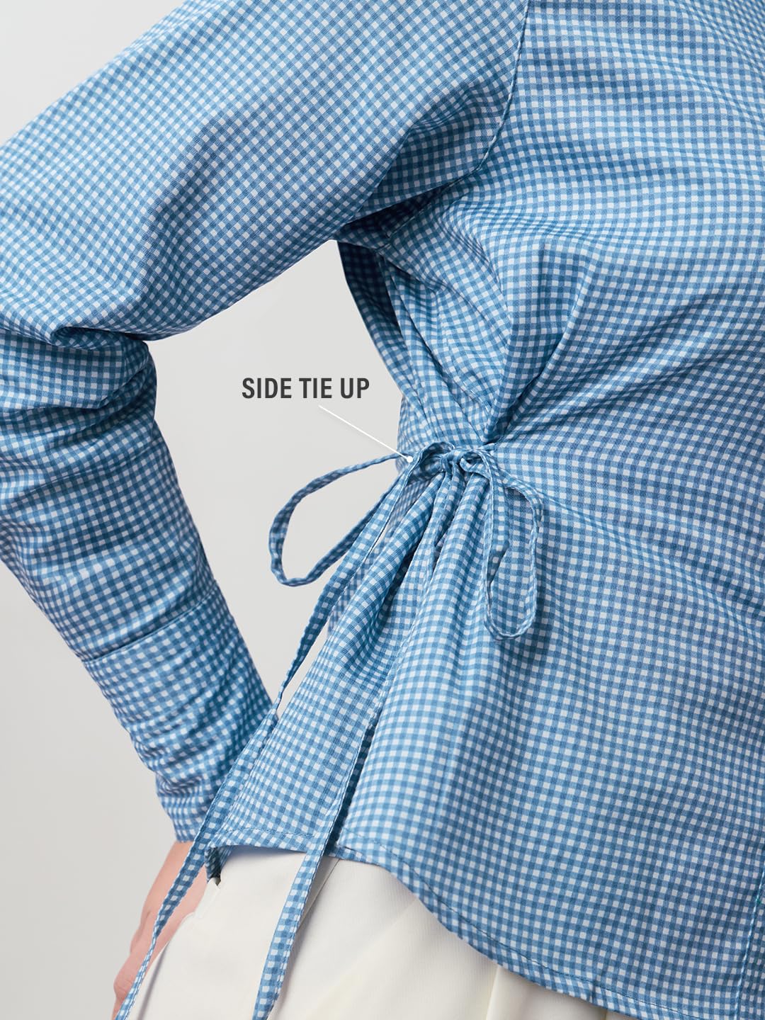 The Souled Store Plaid Shirt: Bluebell Women and Girls Full Length Sleeves Spread Collar Blue Gingham Embroidered Cotton Regular Fit Lightweight Side Tie-Up Everyday Casual Shirt