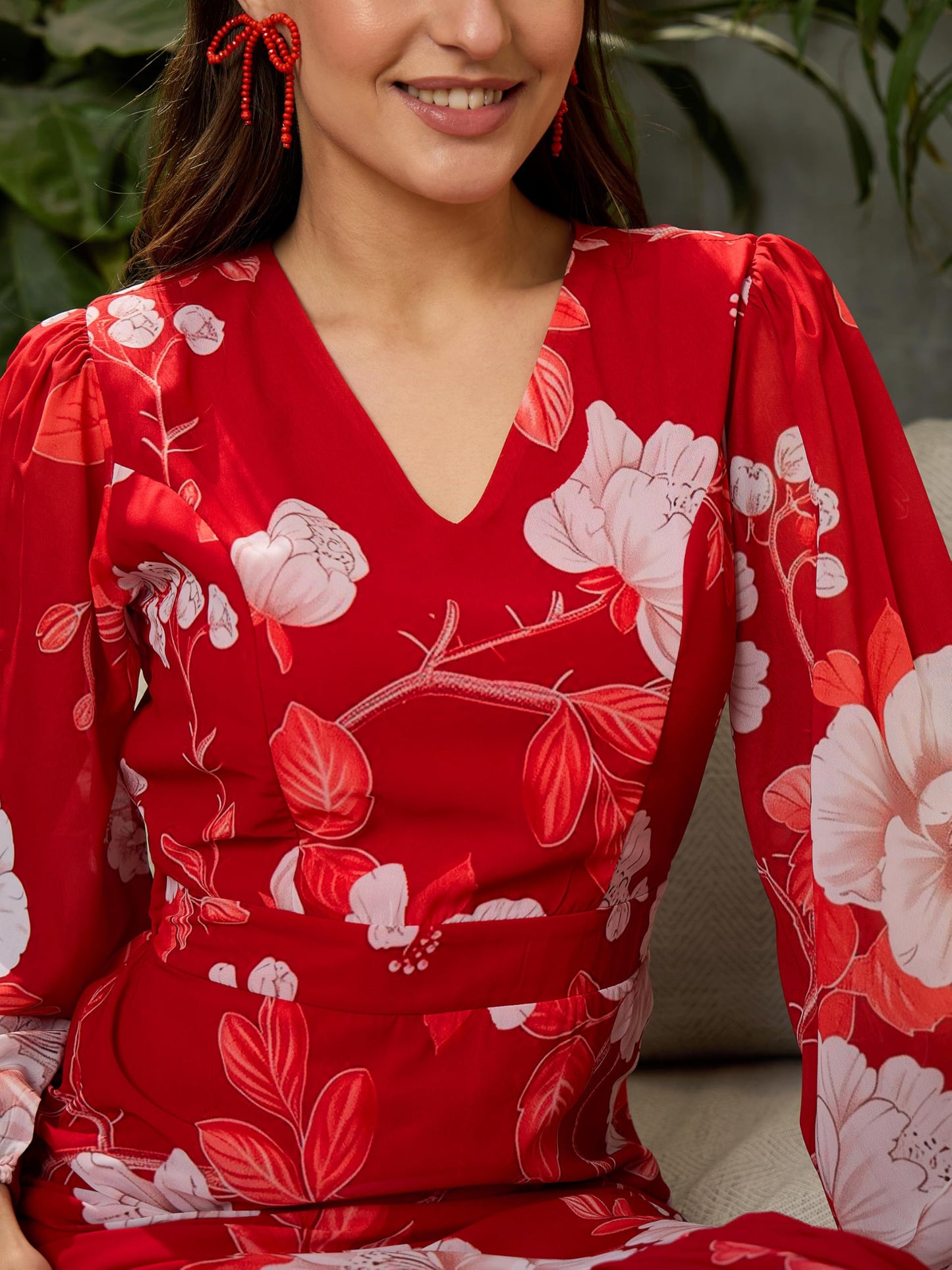 SASSAFRAS Red Floral Baloon Sleeve Midi Dress