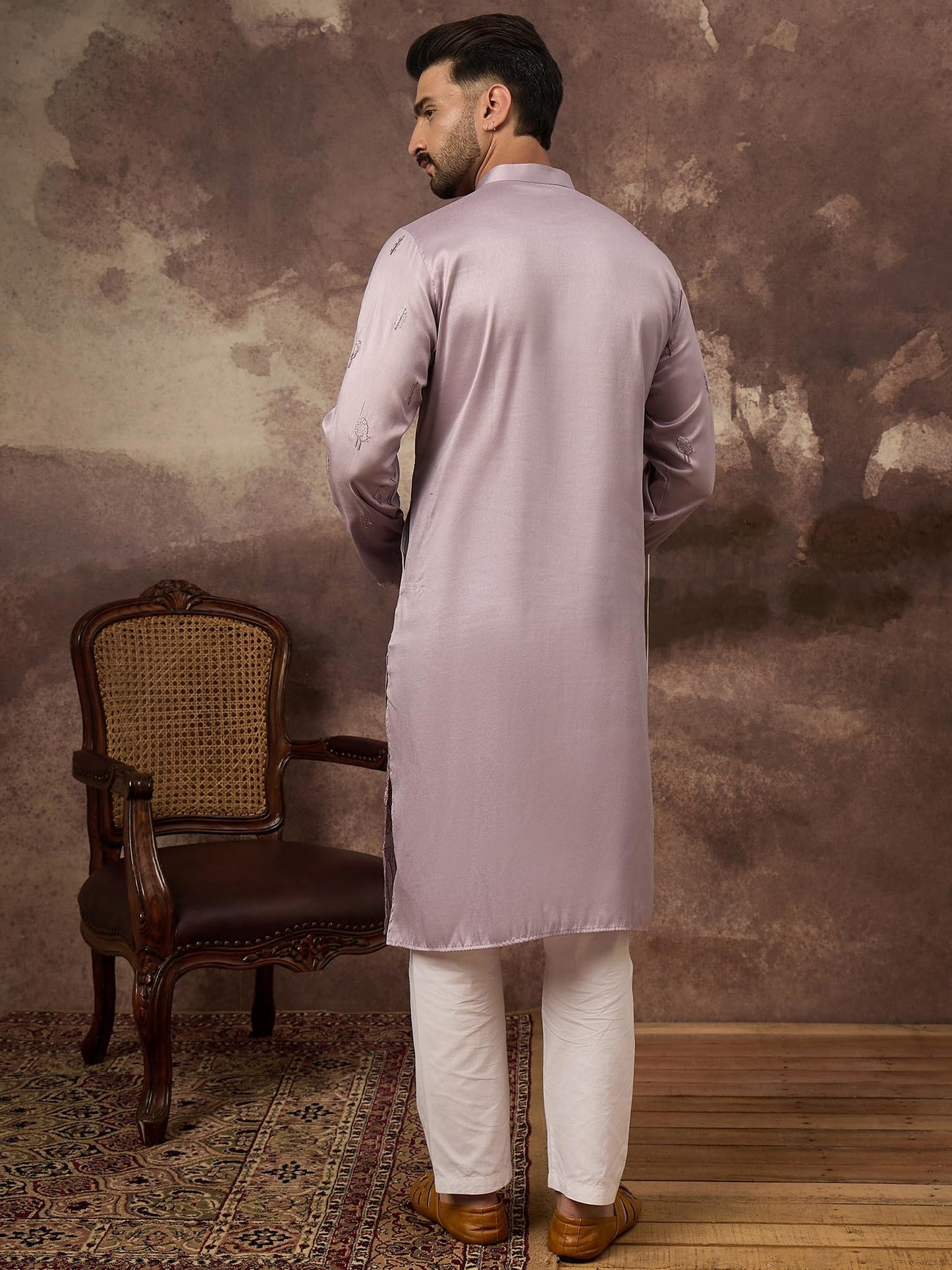 Ethnic Bay Men's Lavender Silk Blend Solid Embroidered Calf Length Kurta's | Embroidered Kurta for Men | Straight Fit Kurtas for Mens (MKU1333, S)