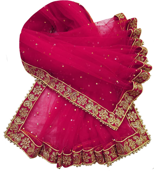 Navti Creations Women Wedding Bridal Net Dupatta With New Kerry Embroidery Border (4 Side Moti Lace,Length -2. 25M) (Pink (Raani))