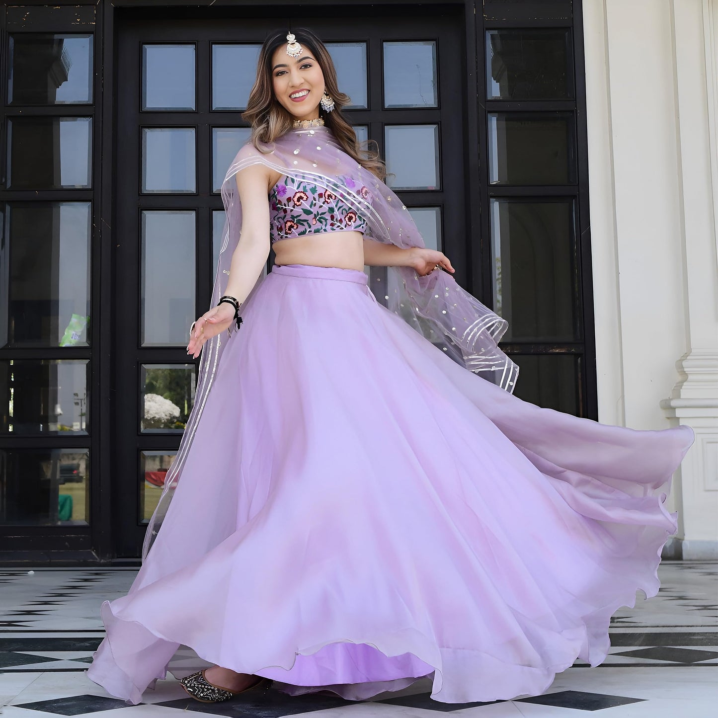 Zeel Clothing Women's Multi Thread Embroidered Organza Net Semi-Stitched Lehenga Choli With Dupatta (5065-Lavender-Wedding-Stylish-Latest; Free Size)