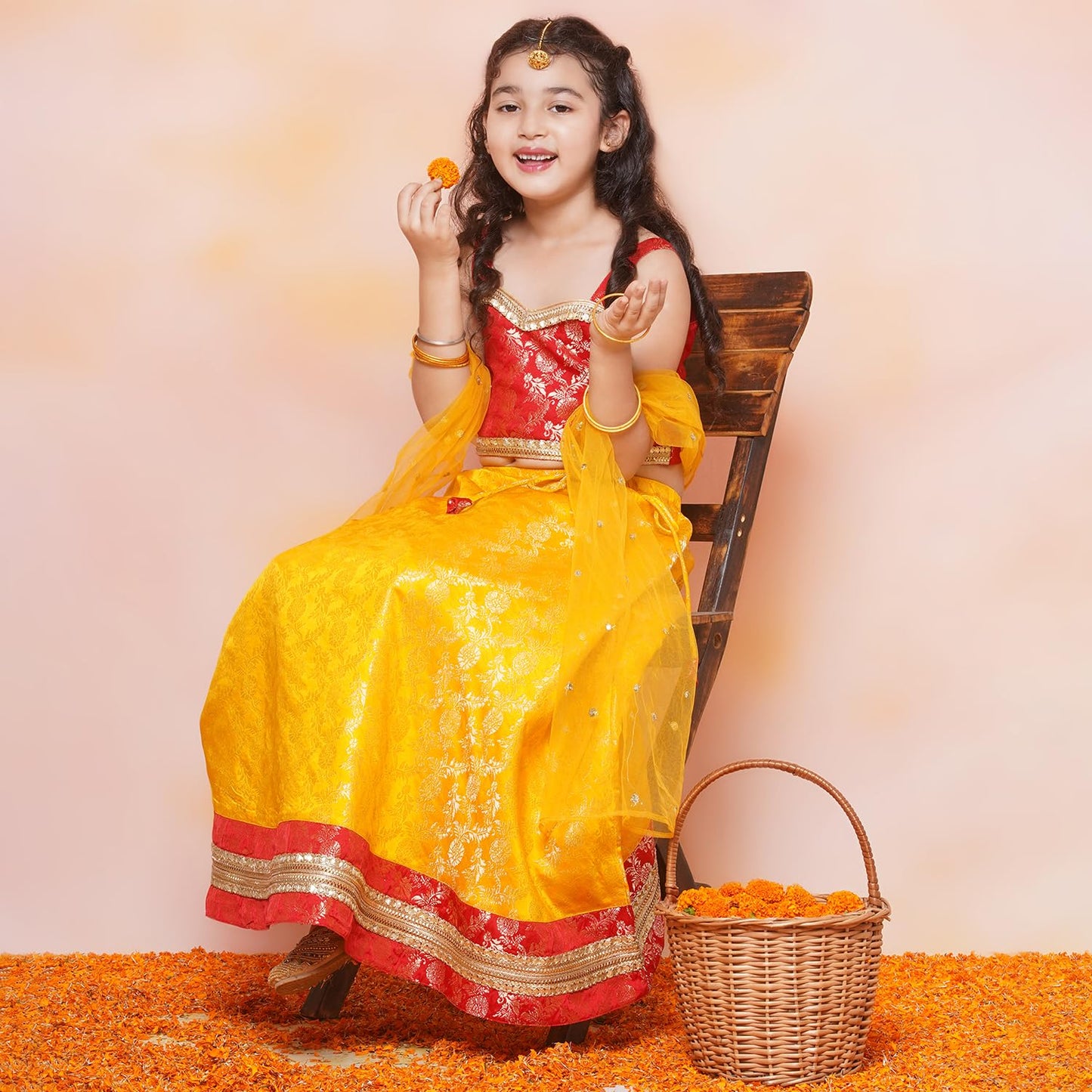AJ DEZINES Kids Ethnic Wear Jacquard Brasso Printed Sleeveless Yellow Lehenga Choli Set For Girls (G-LH11-YELLOW-38)