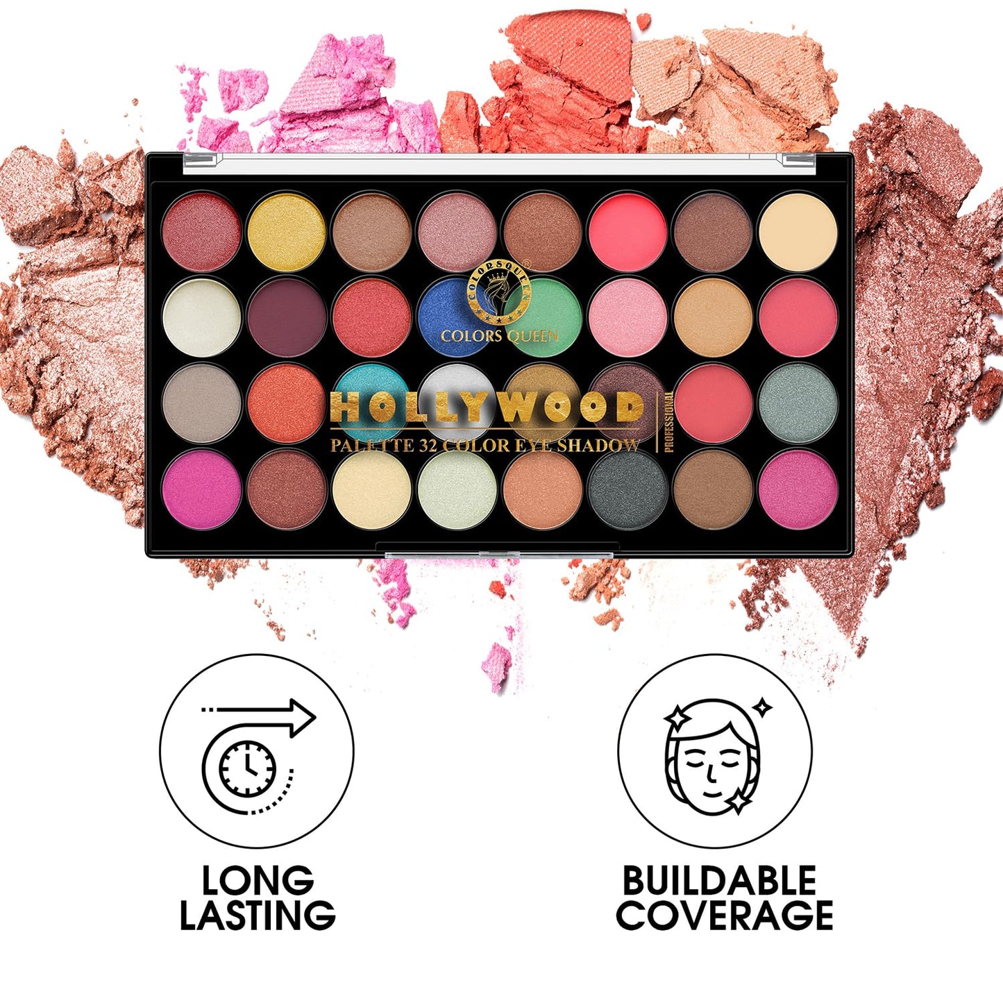 Colors Queen 32 Multicolor Hollywood Eyeshadow Palette | Matte and Shimmery Shades, Long Lasting & Easy to Blend | Highly Pigmented Eyeshadow Palette for Eye Makeup (02 - Hollywood, 34g)