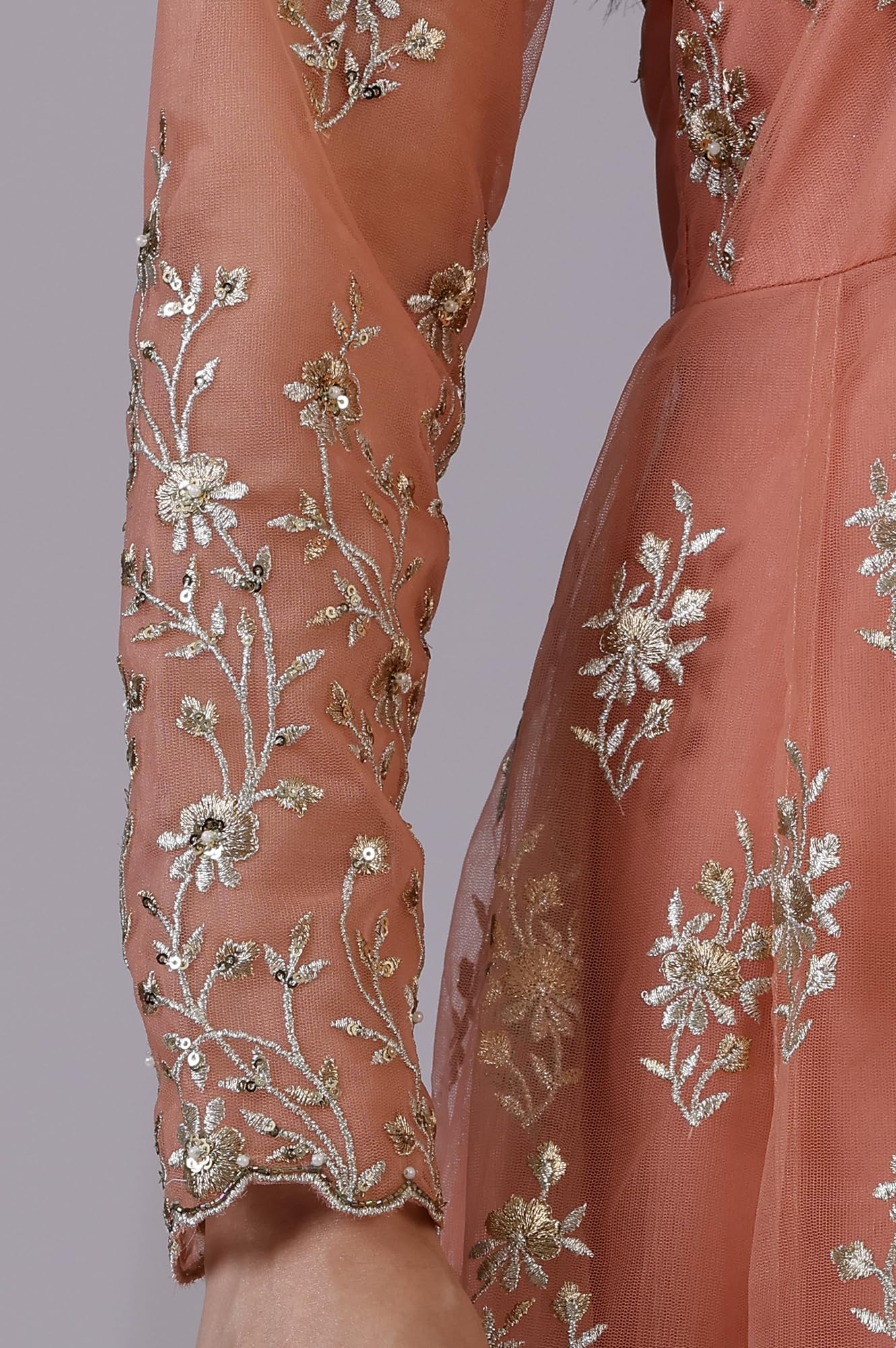 W for Woman Peach and Green Ombre Heavy Metallic Embroidered Layered Dress and Dupatta Set (Size: M)-24AUSP11987-400734