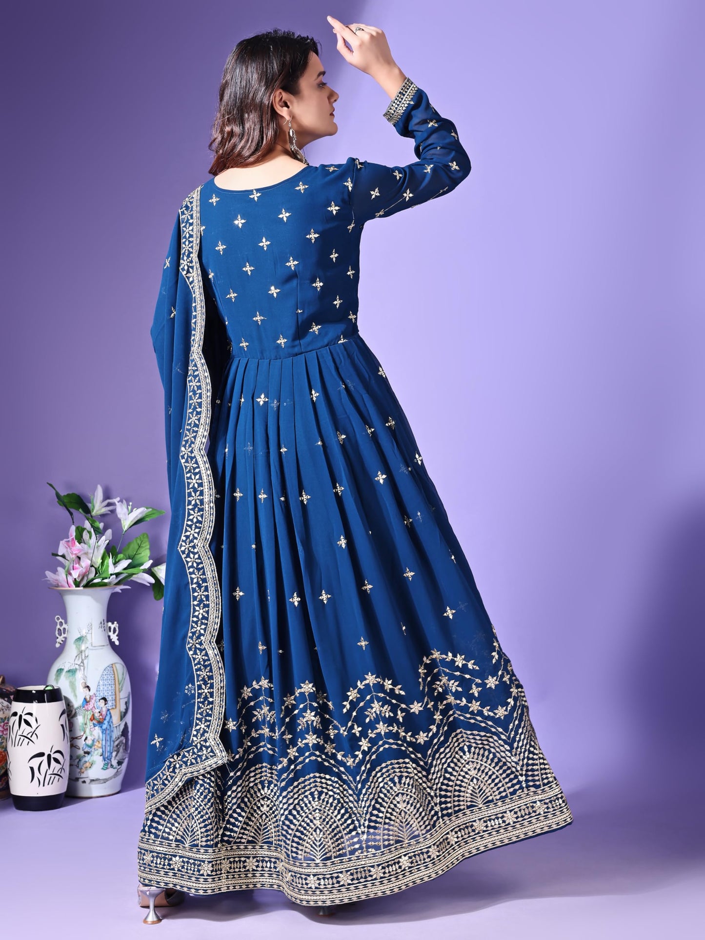 Fashion Basket Faux Georgette Sequins Anarkali Dress for Women (in, Alpha, 2XL, Regular, Turquoise)