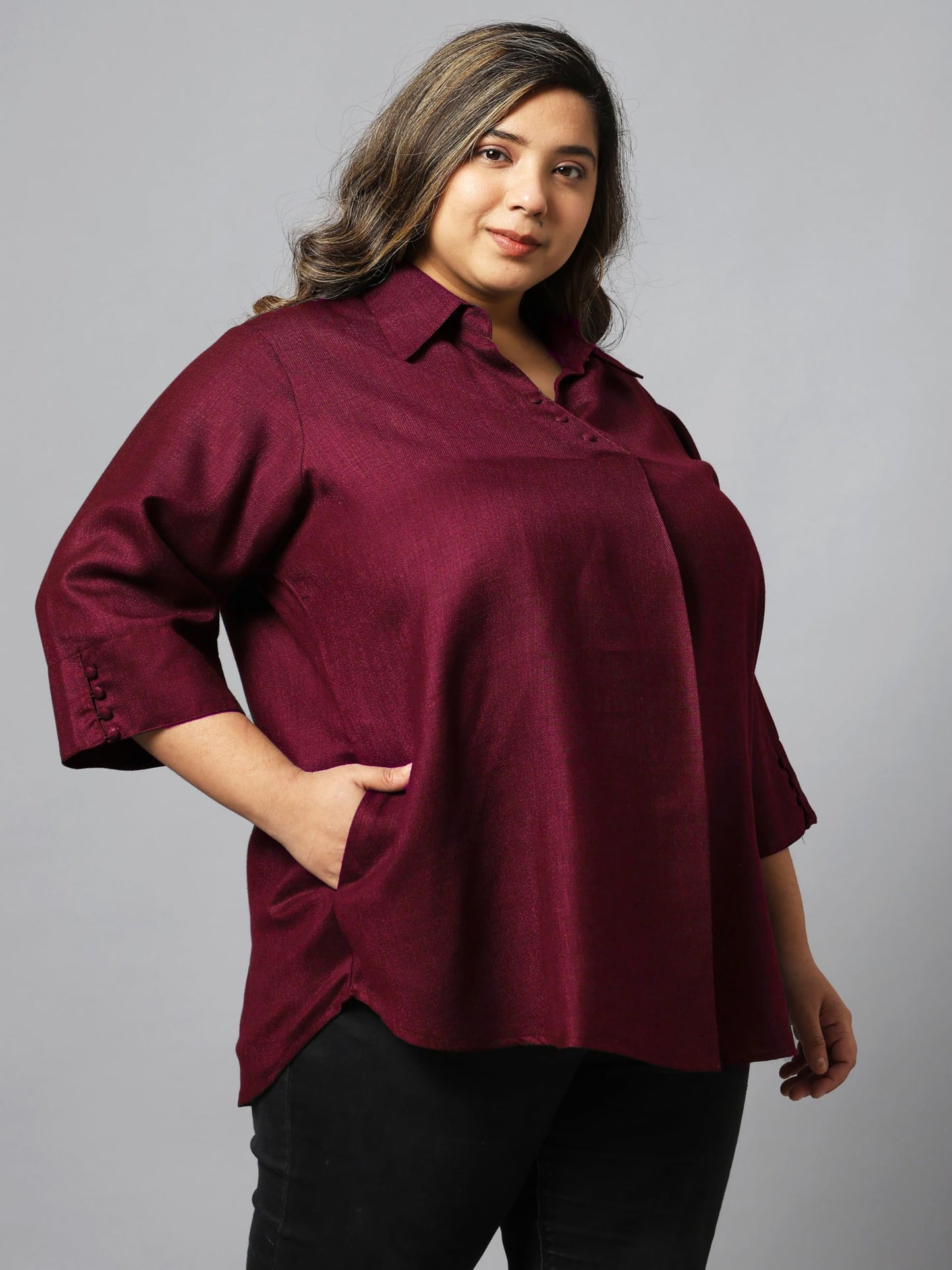 Indietoga Women Plus Size Silk Wool Blend Centre Pleat Winter Wear Tunic Tops (P10001668_Maroon Solid_XL)