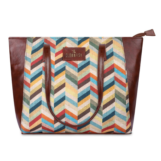 THE CLOWNFISH Valentine Printed Handicraft Fabric & Faux Leather Handbag for Women Office Bag Ladies Shoulder Bag Tote for Women College Girls (Multicolour-Wave Design)