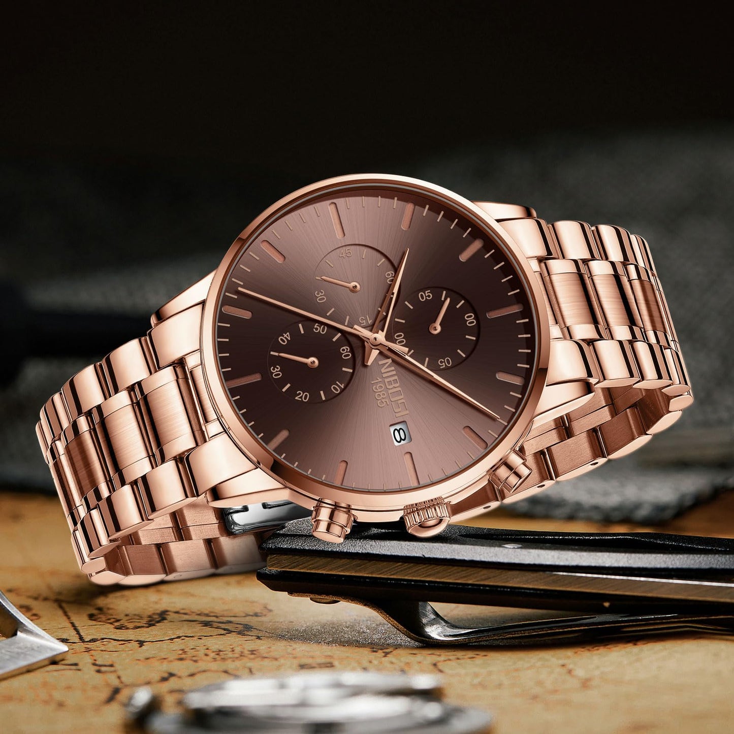 NIBOSI Men's Watches Analog Minimalist Black Dial Watches for Men Business Chronograph Casual Stainless Steel Strap Date (Rose Brown)