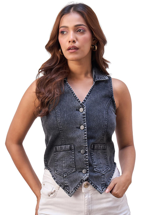 StyleStone Women's Black Waistcoat Style Sleeveless Top(4381BlkVeenaXXL)