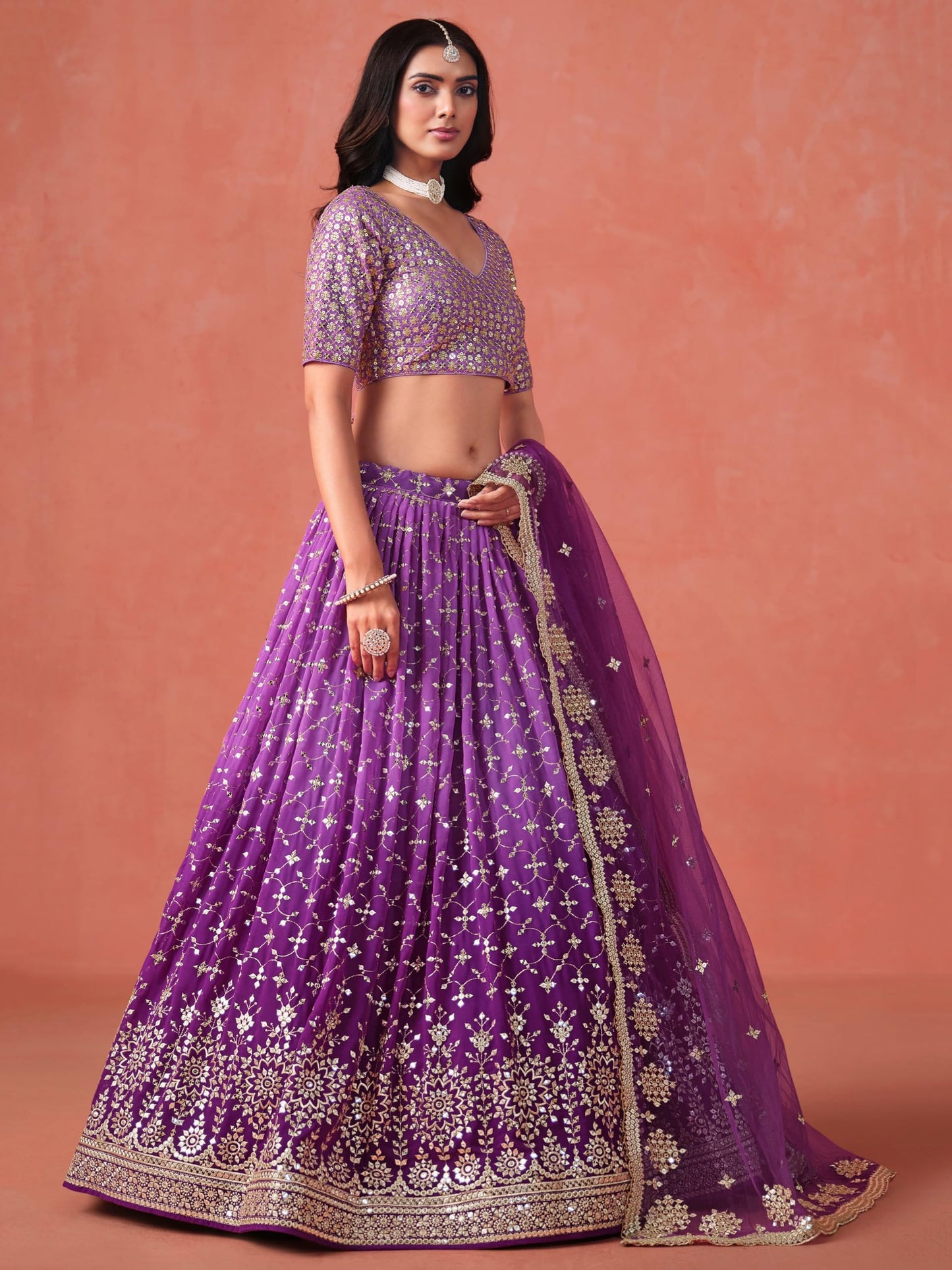 Zeel Clothing Women's Sequins Zari Embroidered Georgette Lehenga Choli With Dupatta (7086-Women-Lehenga-Choli-Latest, Free size) (Purple)