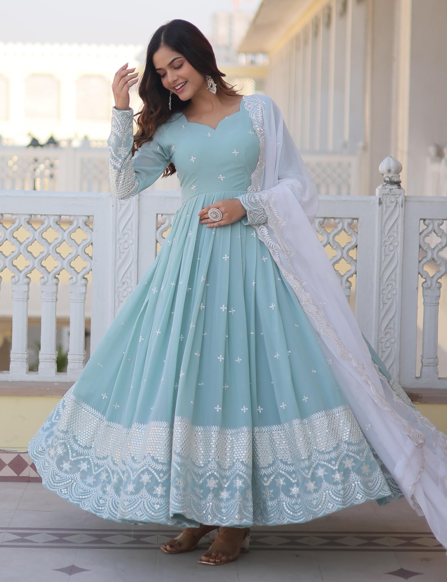 Fashion Basket Blue Women's Faux Georgette Anarkali Gown with Dupatta (XX-Large)