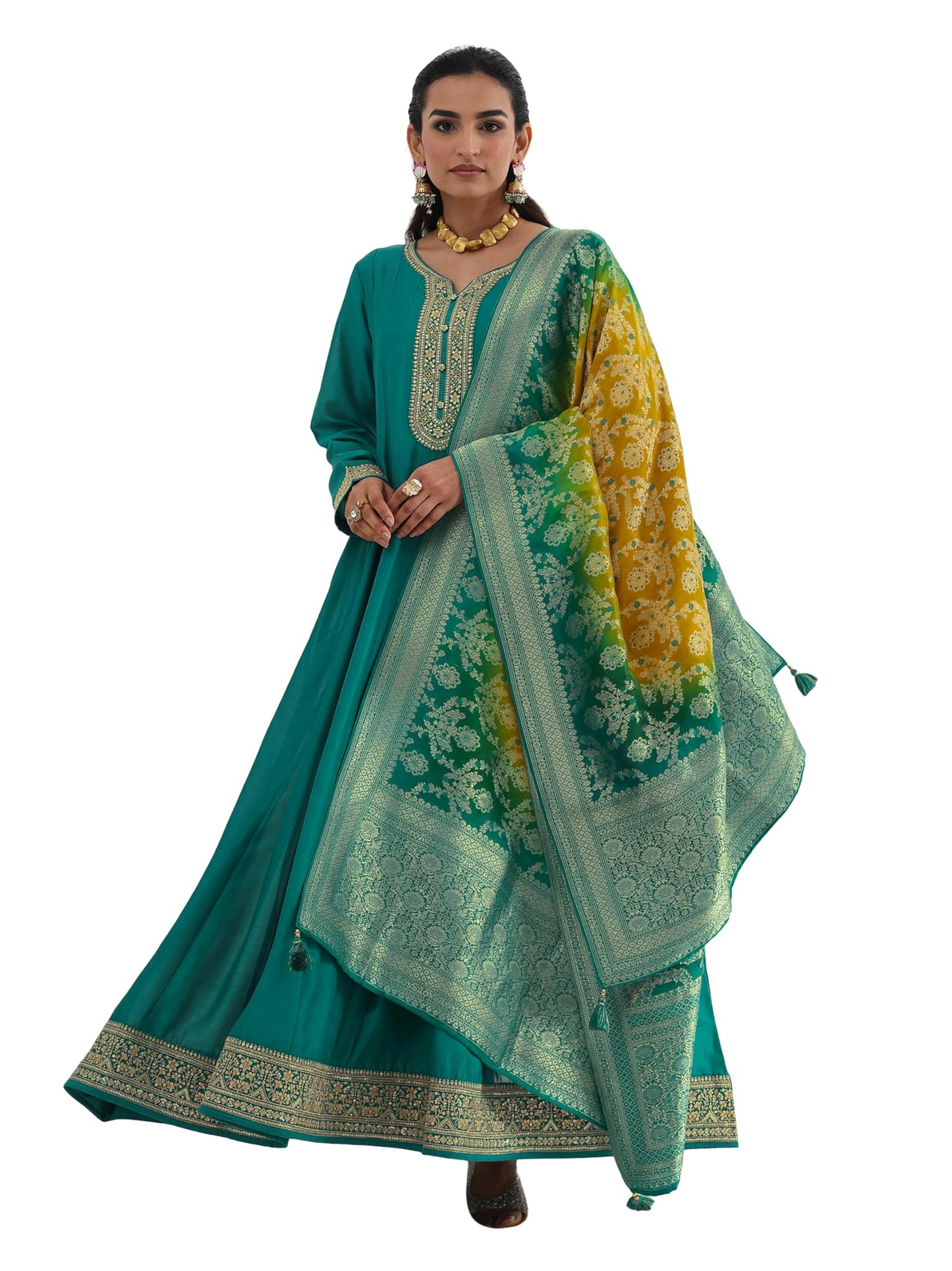 Libas Embroidered Silk Blend A-Line Ethnic Dress with Dupatta-93606M