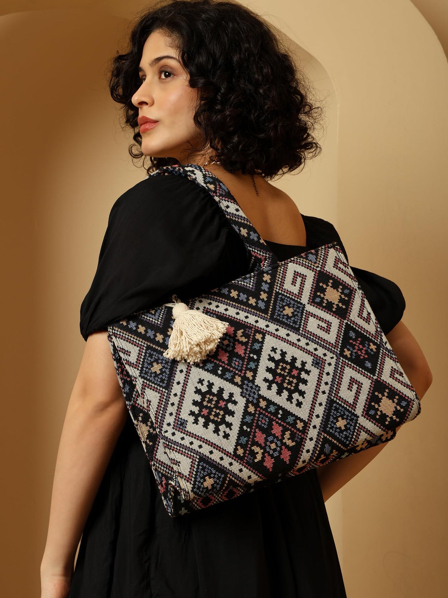 ENSAC Tote Bag for Women – Ethnic Embroidered Shoulder Bag with Tassel | Stylish Large Handbag for Office, College & Casual Outings