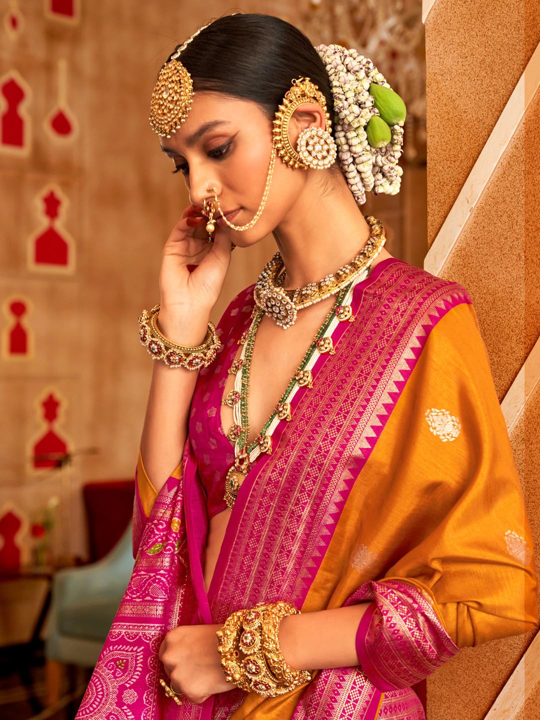 SAREE MALL Women's Orange Silk Blend Ethnic Motif Woven Design Saree With Unstitched Blouse (HASTP10313_RW)