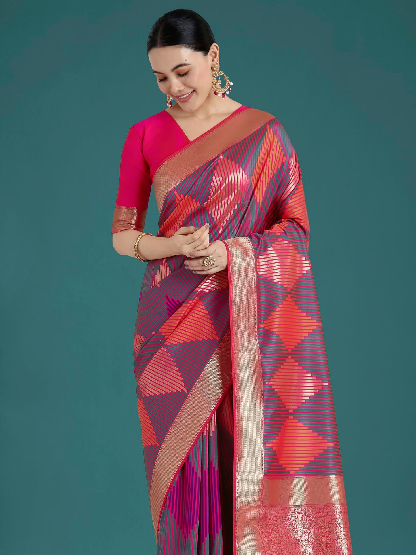 Monjolika Fashion Women's Banarasi Satin Silk Saree with Zari Weaving Geomatric Design Unstitched Blouse Piece