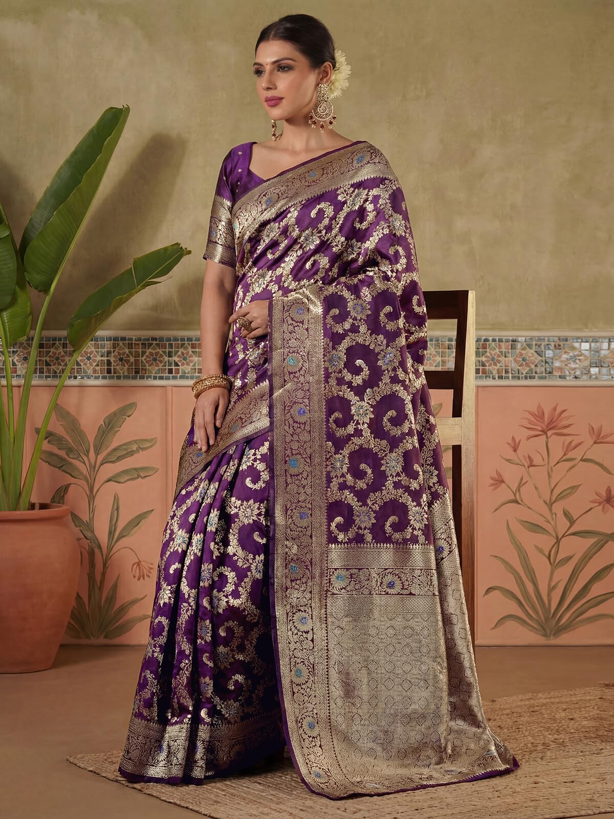 SIRIL Women's Silk Jacquard Banarasi Saree with Unstitched Blouse Piece (4498S753AA_Dark Violet)