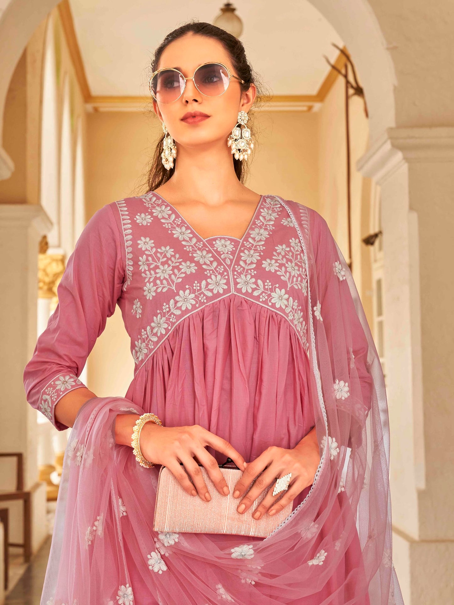 Womanista Women's Cotton Thread Alia Cut Flared Kurta With Pant And Dupatta (Kurtaset_1319_Xl)