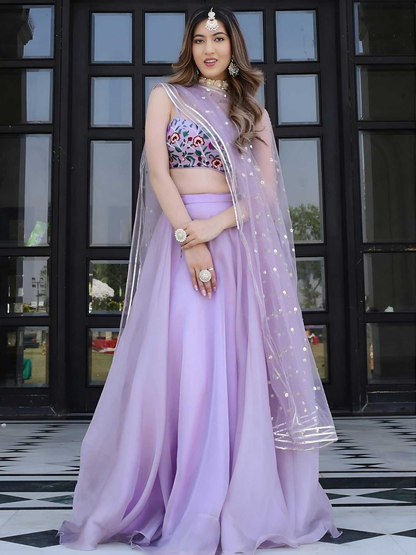 Zeel Clothing Women's Multi Thread Embroidered Organza Net Semi-Stitched Lehenga Choli With Dupatta (5065-Lavender-Wedding-Stylish-Latest; Free Size)