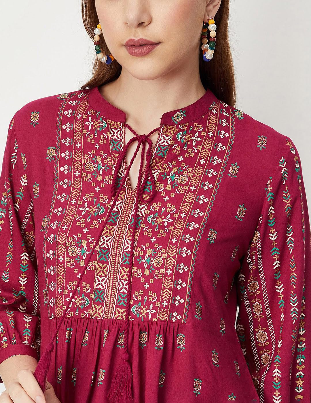 Max Women Printed Tie-Up Neck Tunic (INDIE33006WINE)_XXL