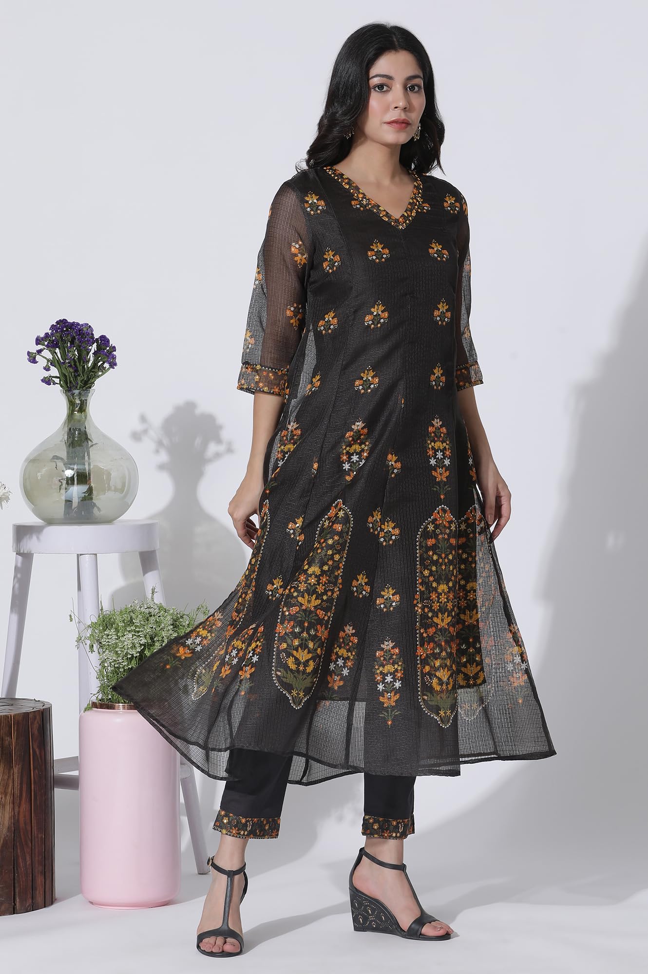 W for Woman Black Floral Printed Flared Kota Kurta, Pants and Dupatta Set_24AUWS11403-123385_XS