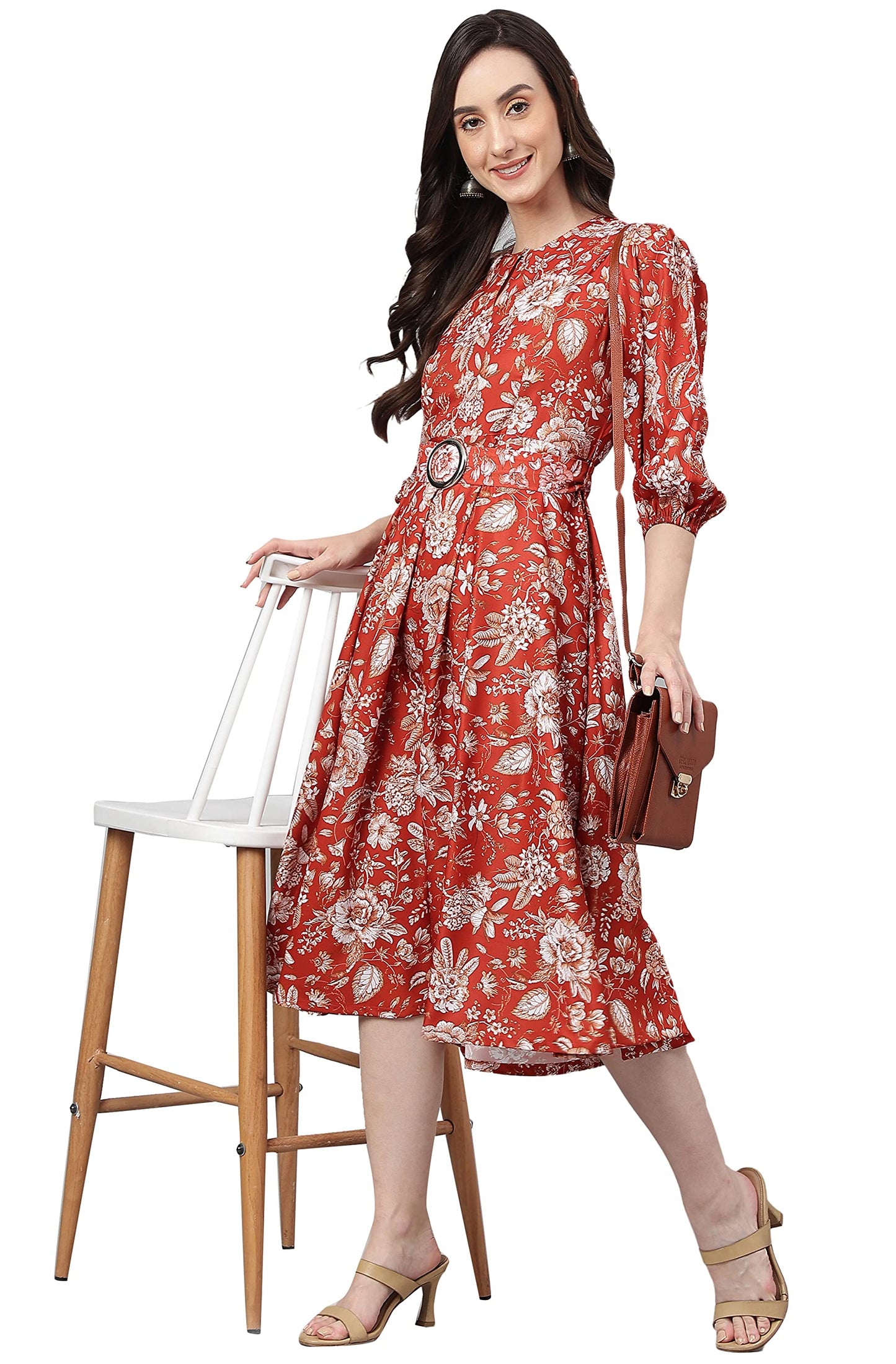 Janasya Women's Rust Crepe Digital Print Flared Western Dress(JNE4073-DR-M)