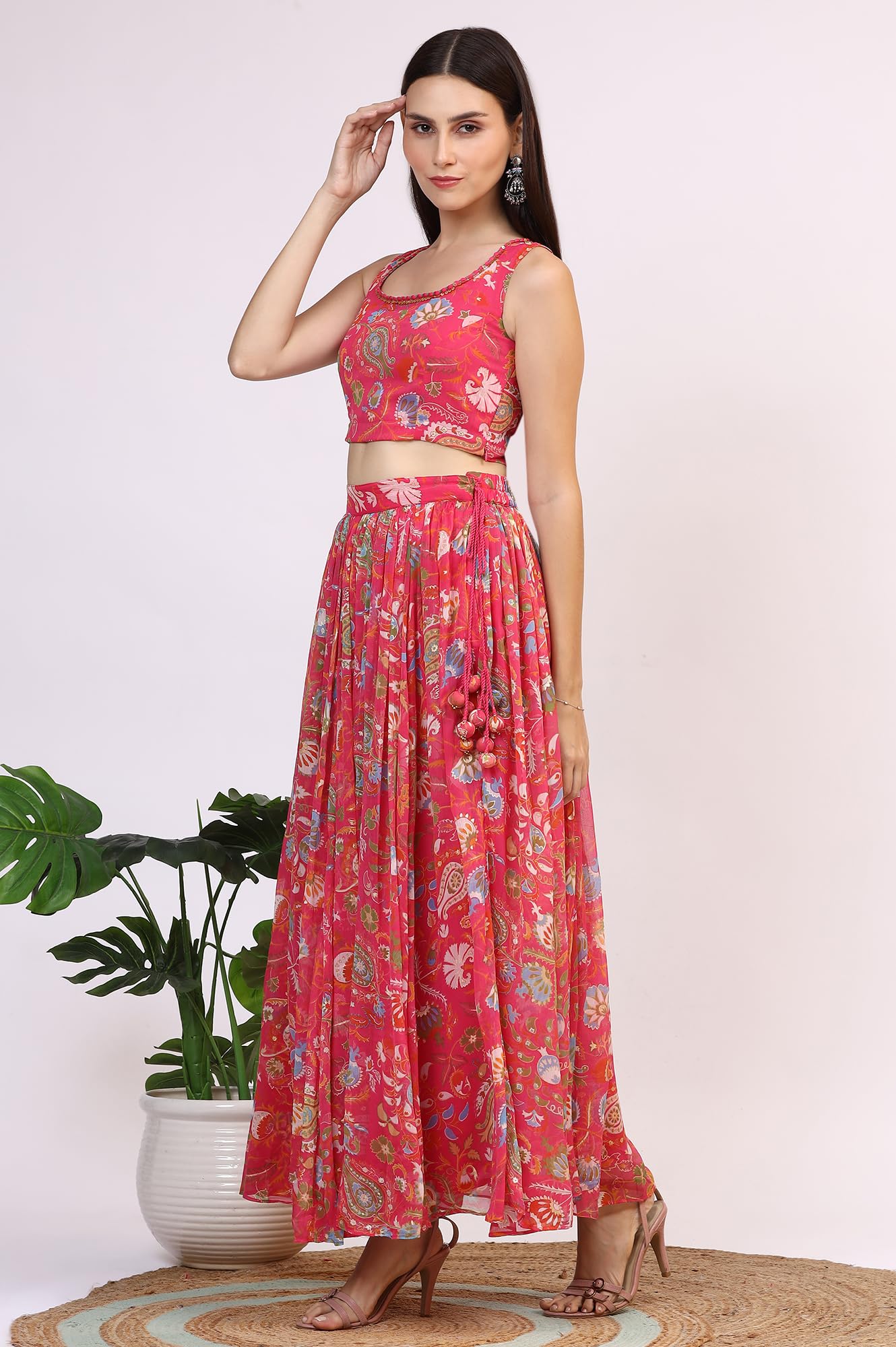 W for Woman Pink Floral Printed Embellished Chiffon Sleeveless Crop Top, Skirt and Dupatta Set (Size: L)-WS12117-124246