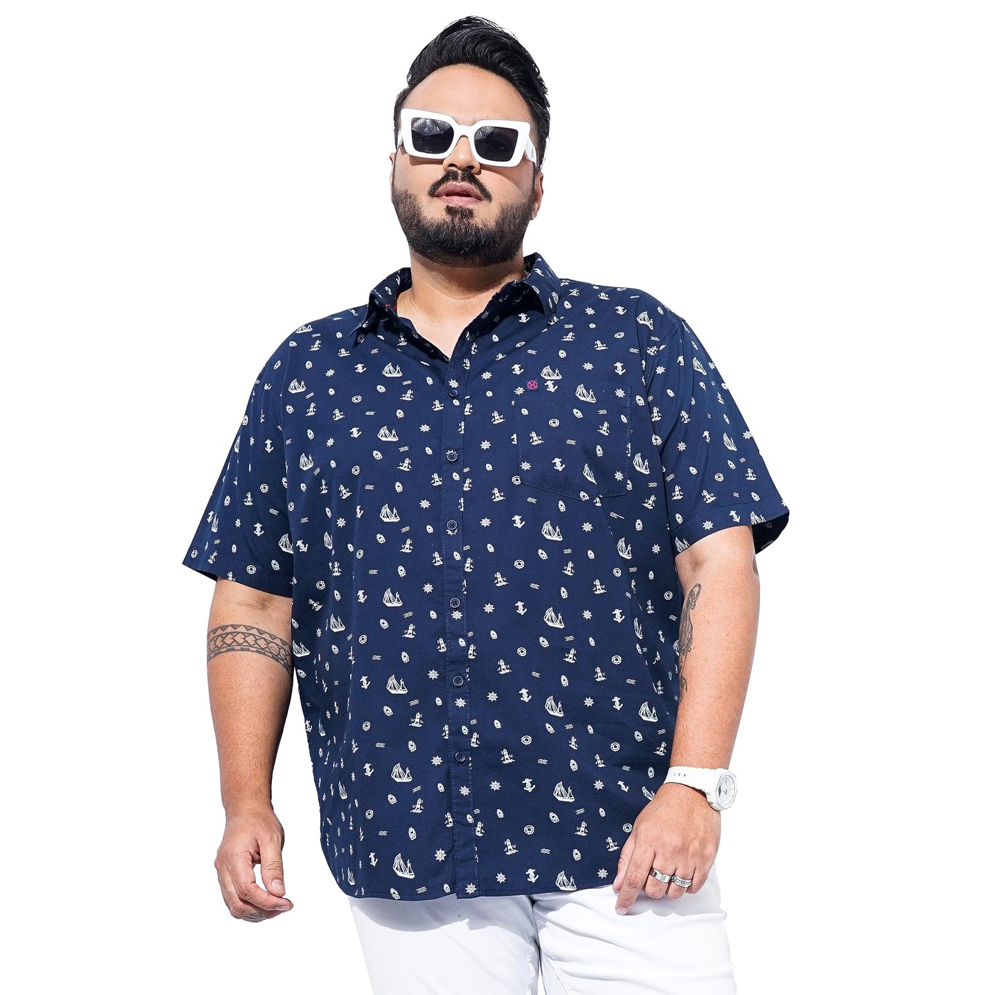 Hardsoda Men Plus Size Navy Quirky Printed Casual Shirt