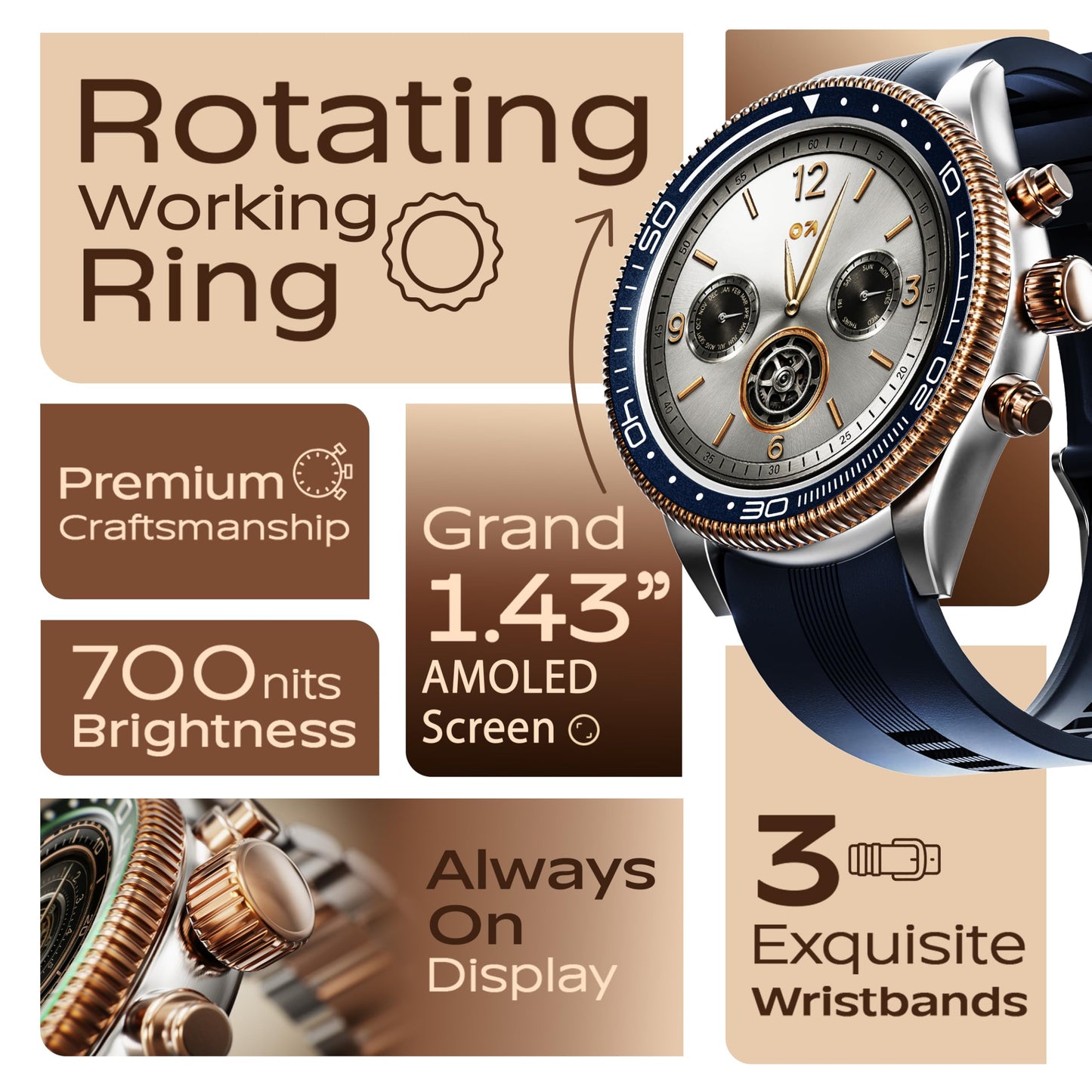 GOBOULT Newly Launched Saber Smart Watch 1.43'' AMOLED Display, BT Calling, Rotating Bezel, 200+Watchfaces, 700 Nits Brightness, AI Voice Assistant, SpO2 Monitoring, 120+ Sports Mode (Blue)