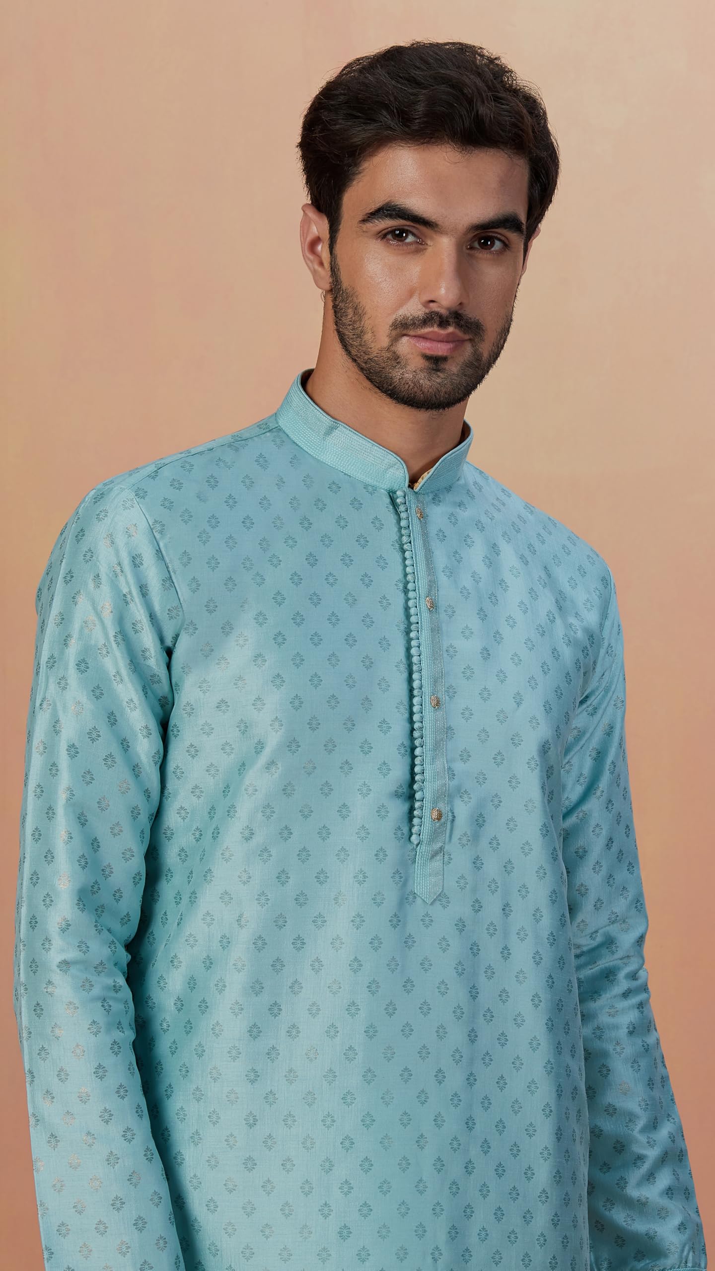 Manyavar Men's Sea Green Kurta Pajama With Golden Motifs (2pcs) (Aqua Green,S)