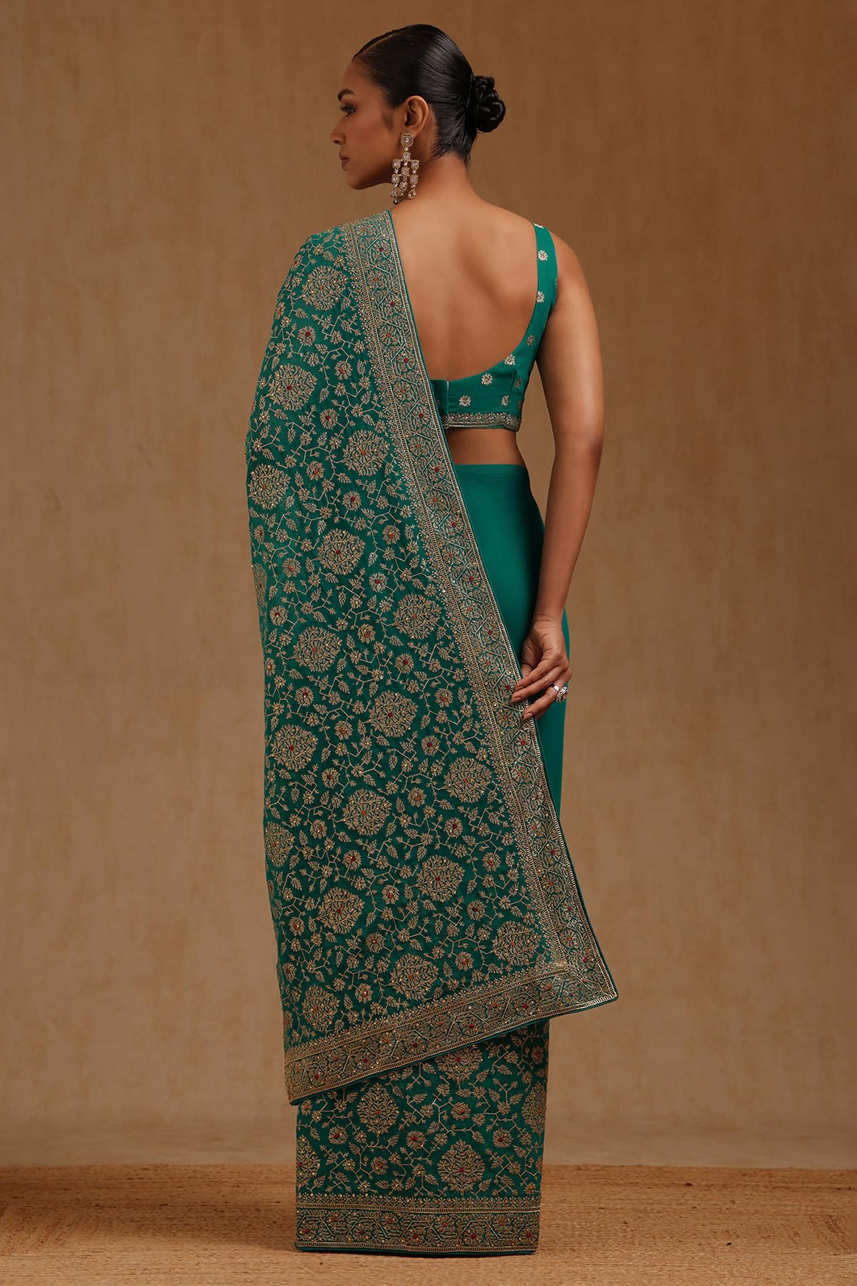 Soch Womens Turquoise Blue Georgette Embroidered Saree With Stone Work