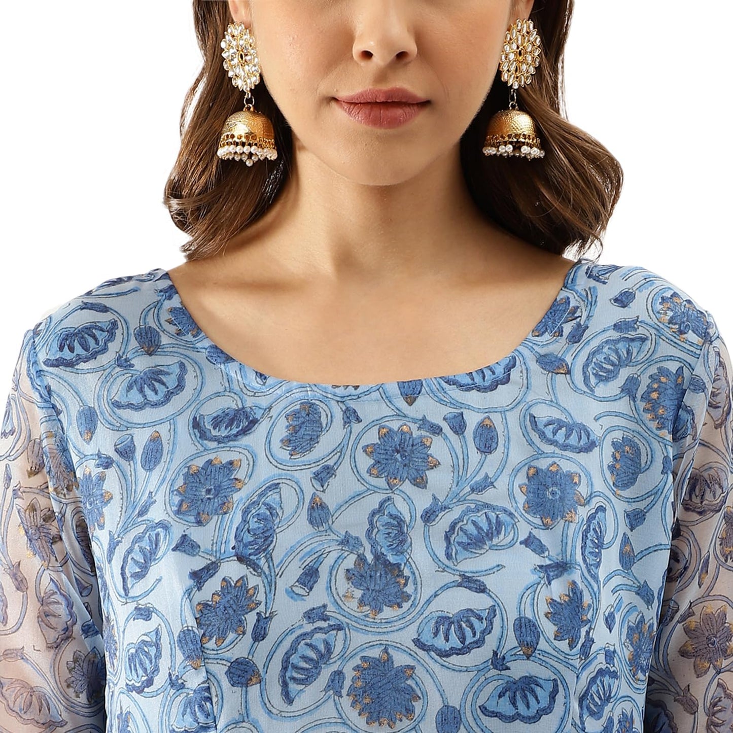 Divena Blue Floral Print Organza Anarkali Kurta set with Dupatta