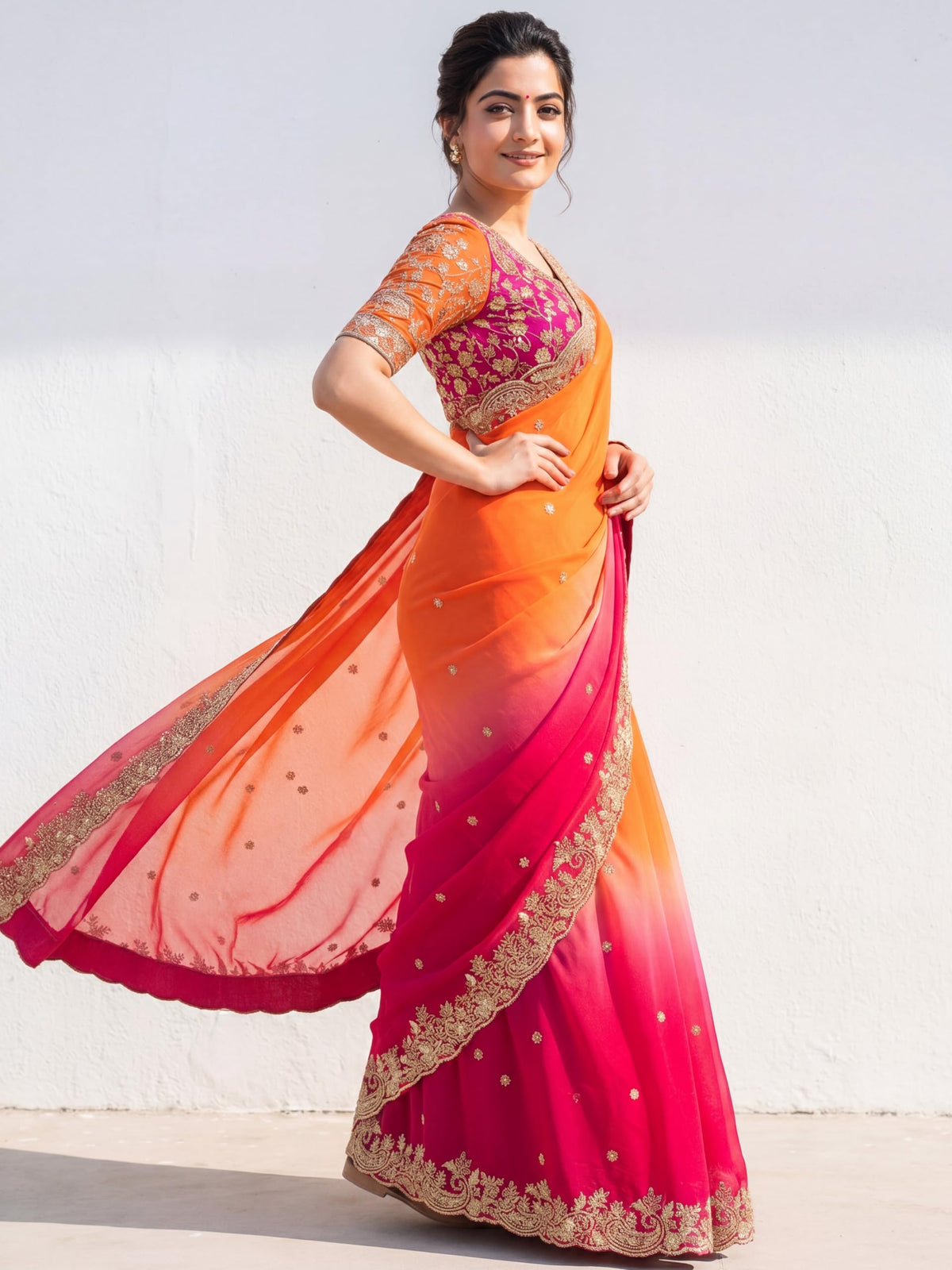 Amazon Brand - Tavasya Orange Pink Fendy Satin Silk Saree with Multi Sequence Embroidery Work | Heavy Embroidered Wedding Party look Saree with Running Blouse Piece