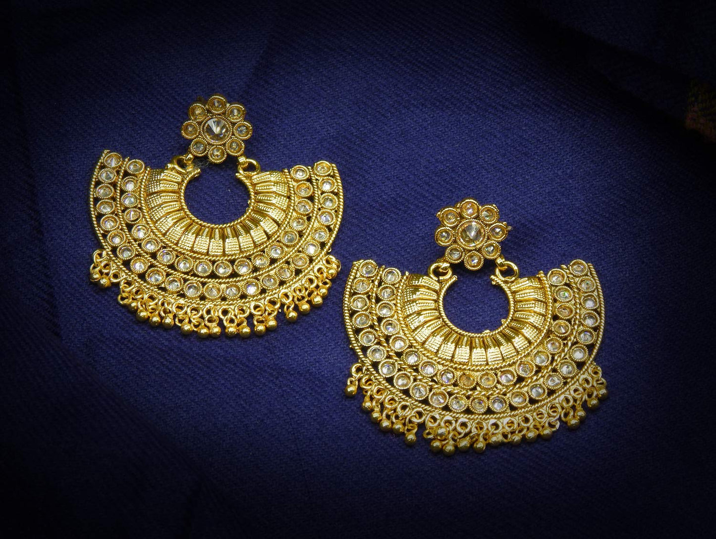 ACCESSHER Antique Gold-Plated Chandbali Dangle Earrings with Intricate Kundan Detailing & Pearl Beads, Traditional Statement Jewelry for Women & Girls.
