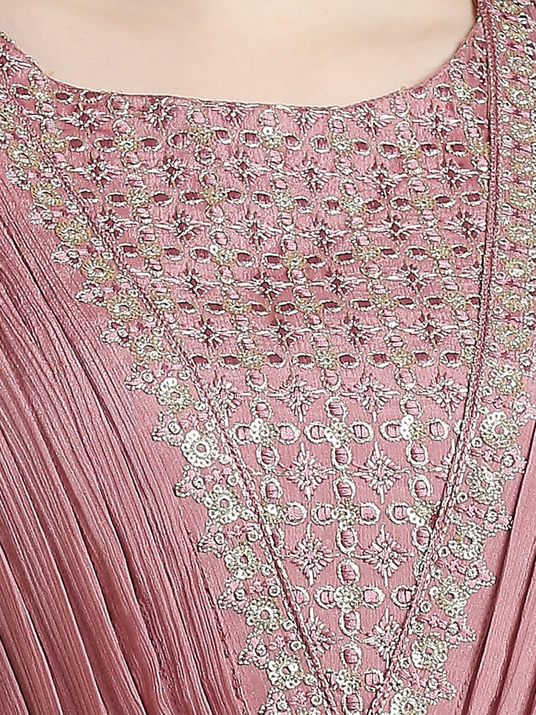 madhuram textiles Women's Chinon Chiffon Traditional Ethnic Long Western Straight, Ankle Length Dress With Embroidery Work Long Kurta(M-2361, In, Alpha, M, Regular, Pink)