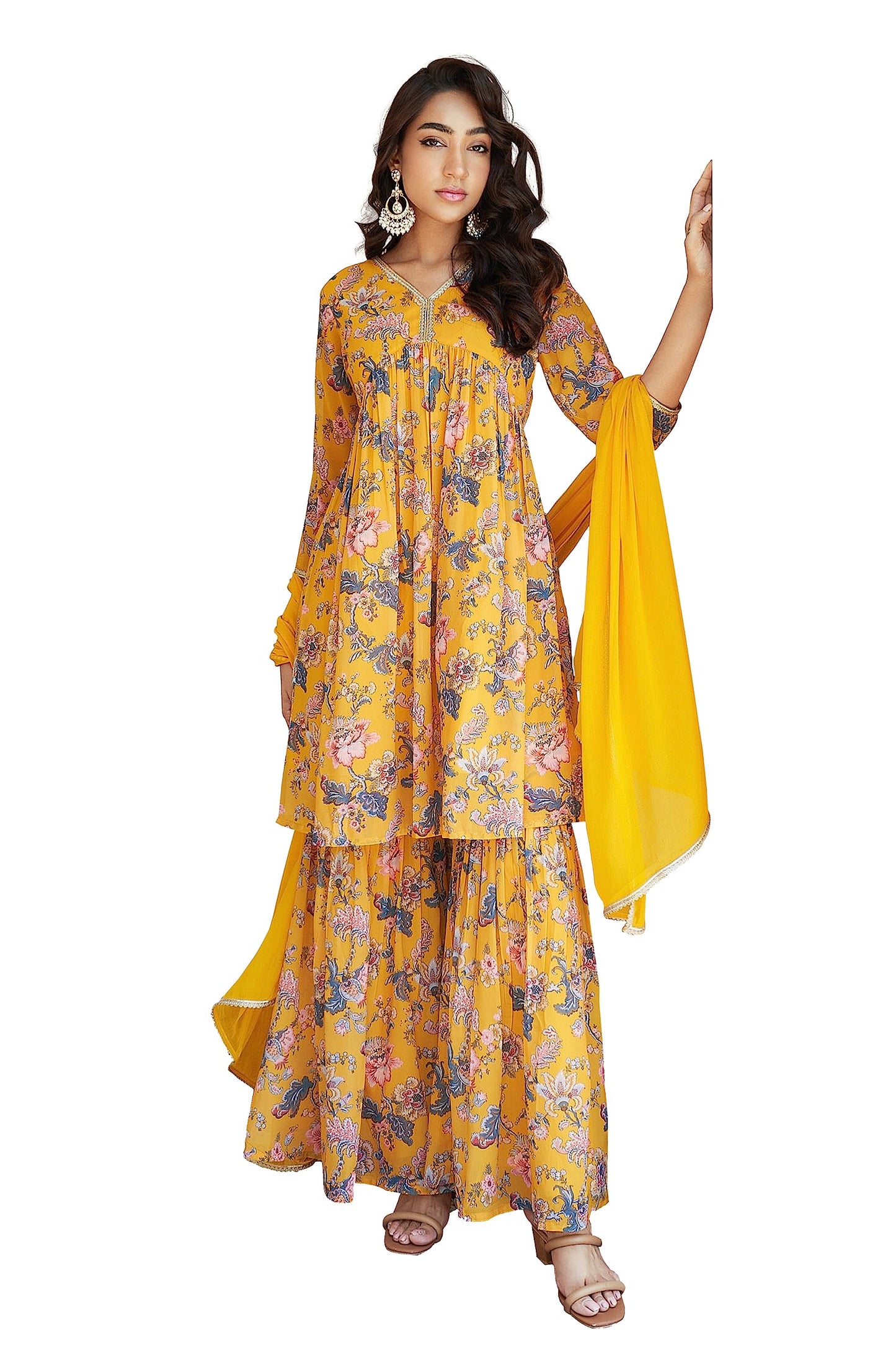 Janasya Women's Yellow Georgette Digital Floral Printed Kurta with Sharara and Dupatta(SET754-KR-SHA-XS)