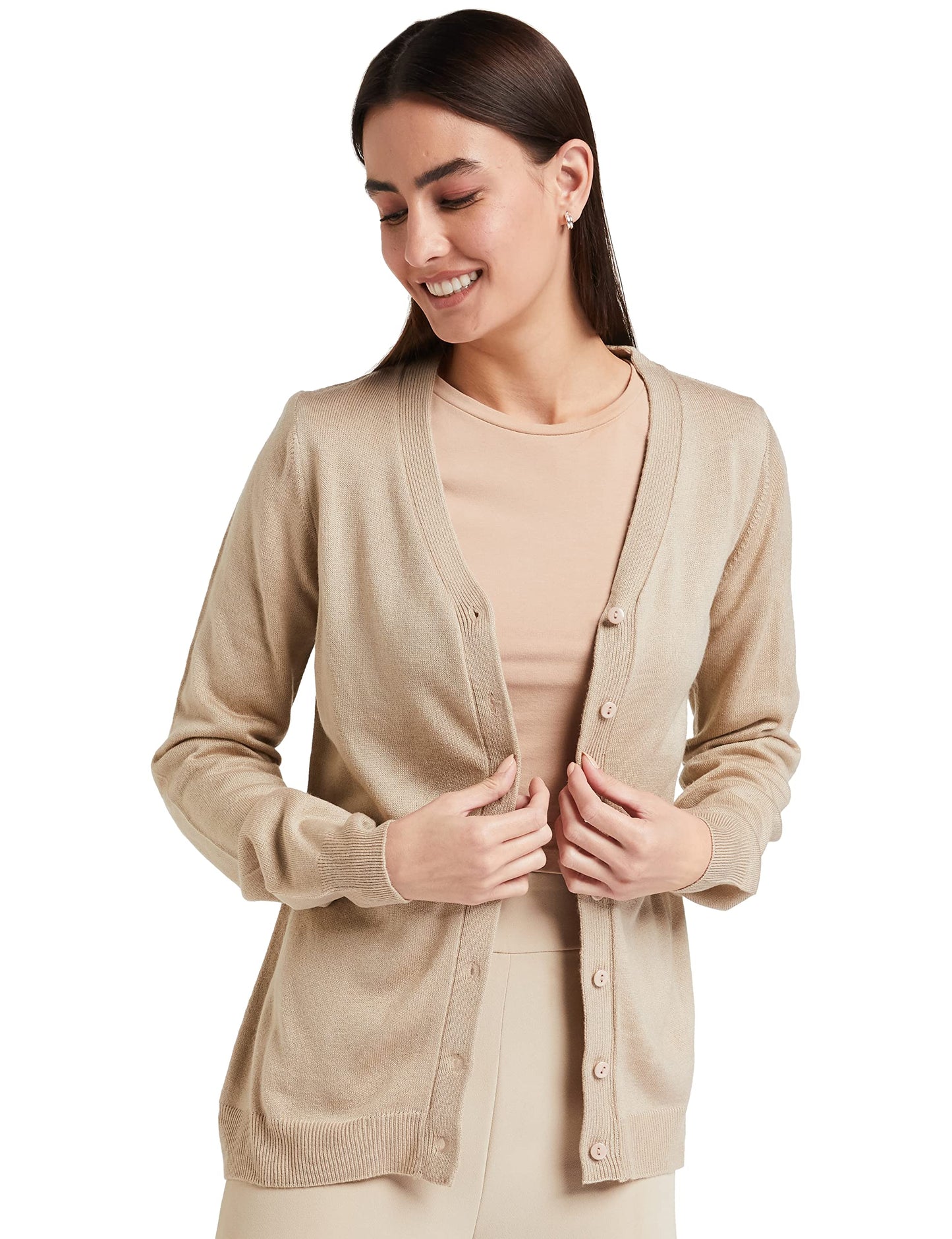 Amazon Brand - Symbol Women's Acrylic V-Neck Sweatshirt(SB-AW21SWT-1502_Sand_L_Sand_L)