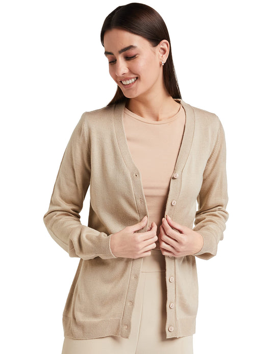 Amazon Brand - Symbol Women's Acrylic V-Neck Sweatshirt(SB-AW21SWT-1502_Sand_L_Sand_L)